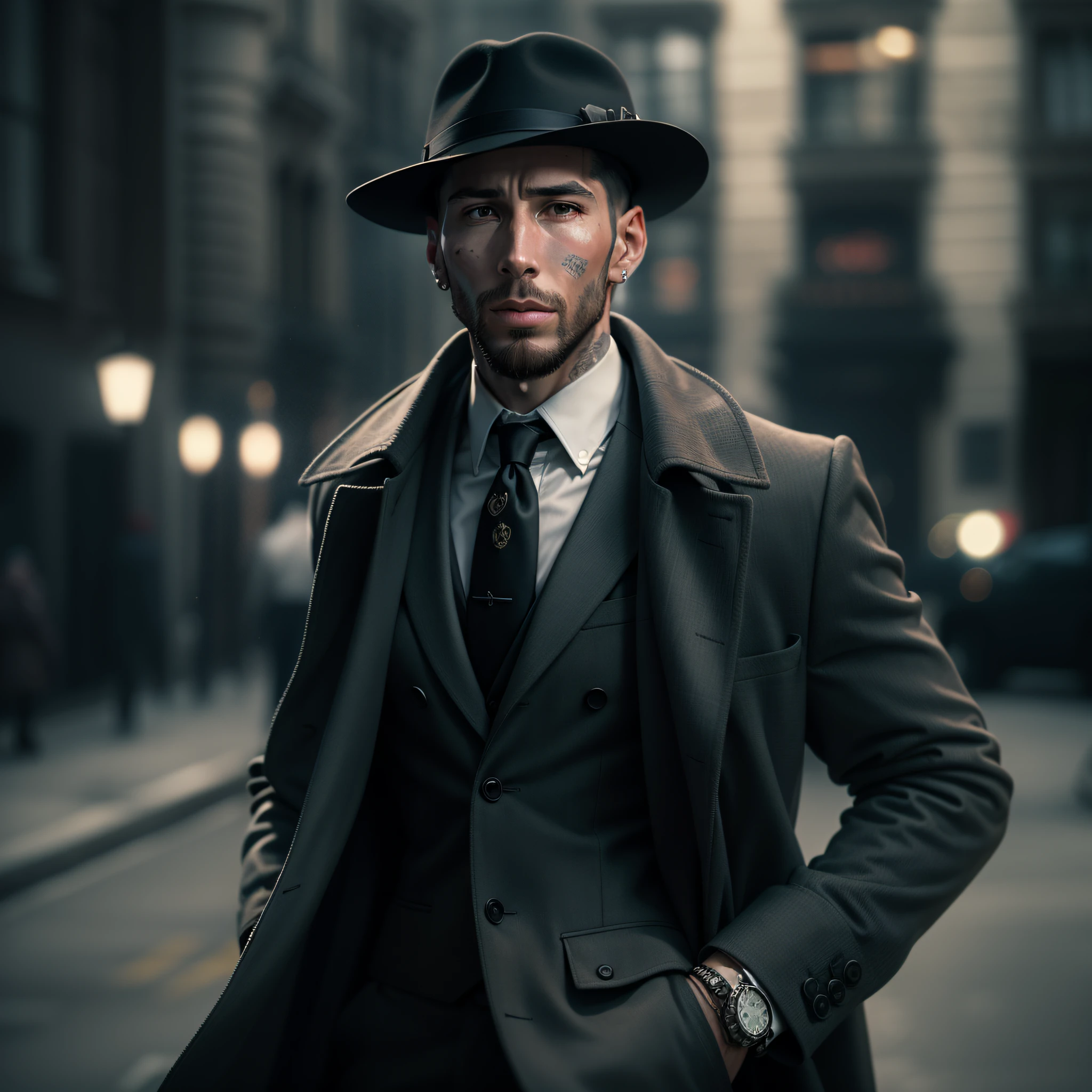 Uma imagem de Sergio Ramos, o astro do futebol, taking on the role of a gentle detective in a brave ???? setting. Dressed in a classic overcoat and fedora hat, ele investiga uma misteriosa cena de crime, bringing his charisma and determination to solve the case.