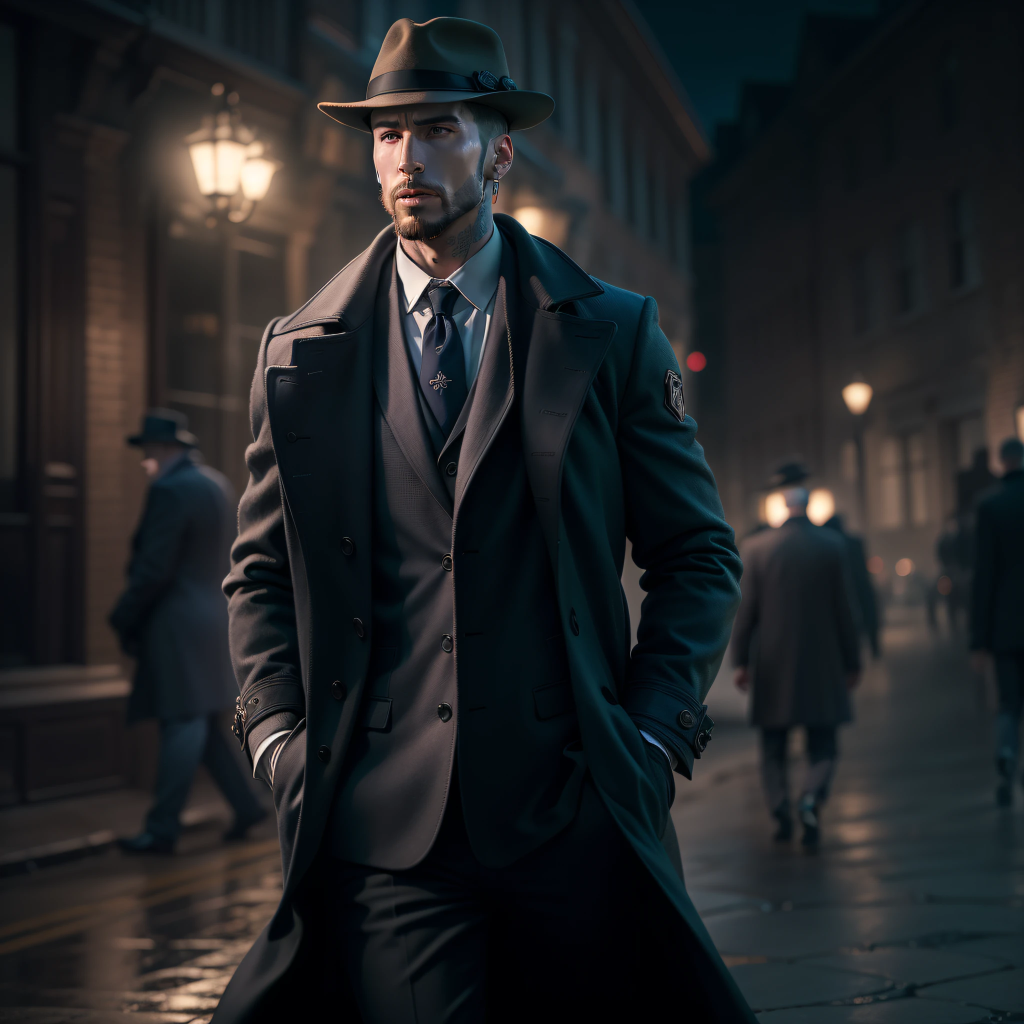 Uma imagem de Sergio Ramos, o astro do futebol, taking on the role of a gentle detective in a brave noir setting. Dressed in a classic overcoat and fedora hat, ele investiga uma misteriosa cena de crime, bringing his charisma and determination to solve the case.