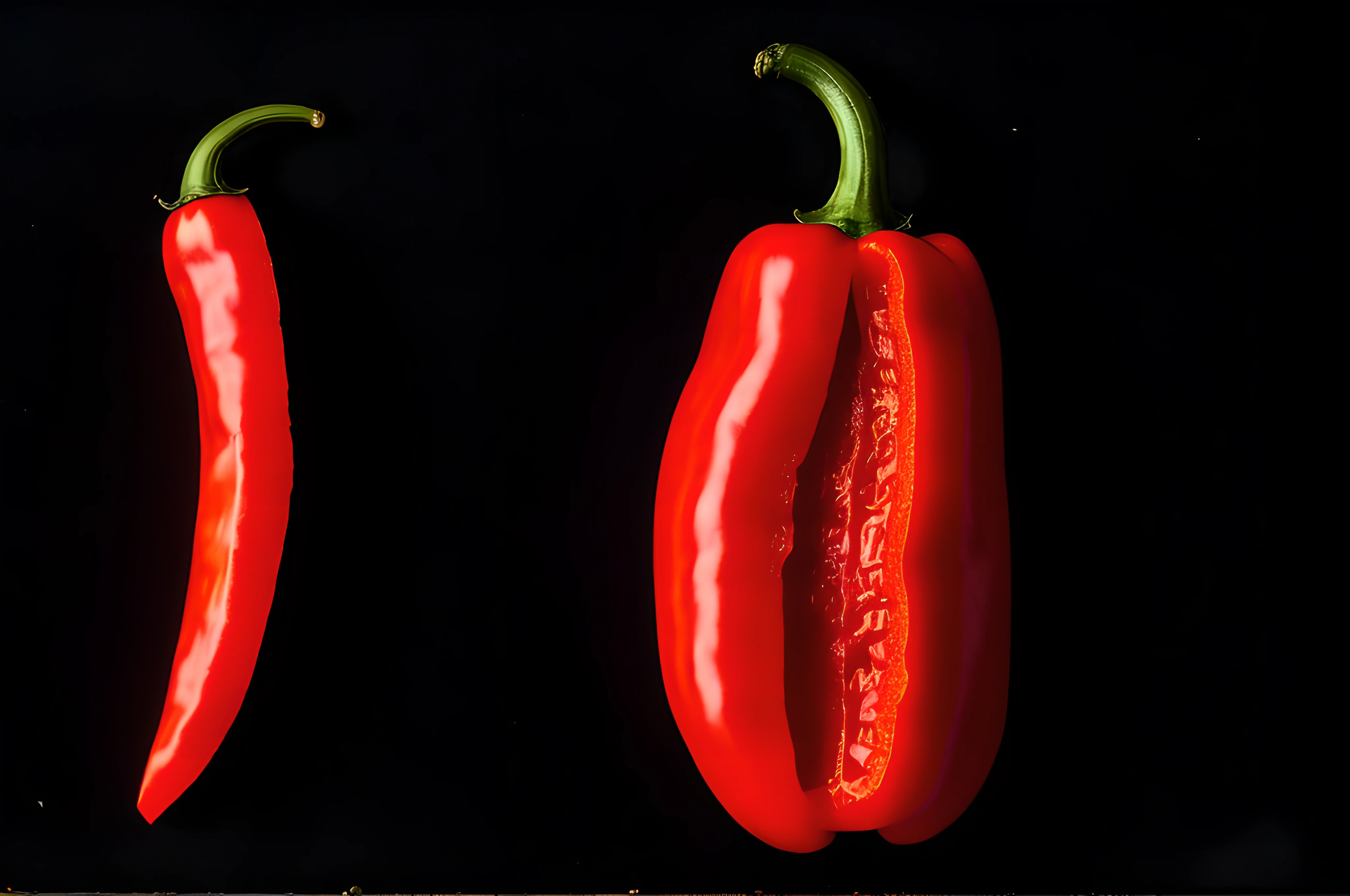 red pepper, front view, cinematic image, isolated black background