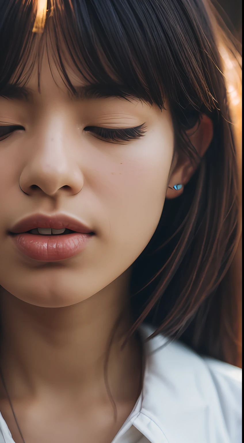 Kizi, Brown hair, hair behind ear, Messy hair, flipped hair, Close your eyes and enjoy the daylight, Tongue stock, High detail,Highly Detailed Face and Skin Textur,Detailed eyes,二重まぶた, modern, Minimalism, romanticism lain, back lit lighting, Vignetting, symetry, Close-up, Sideways, Lens flare, f/1.8, 85mm, Sony FE GM, hyper HD, 4K --auto