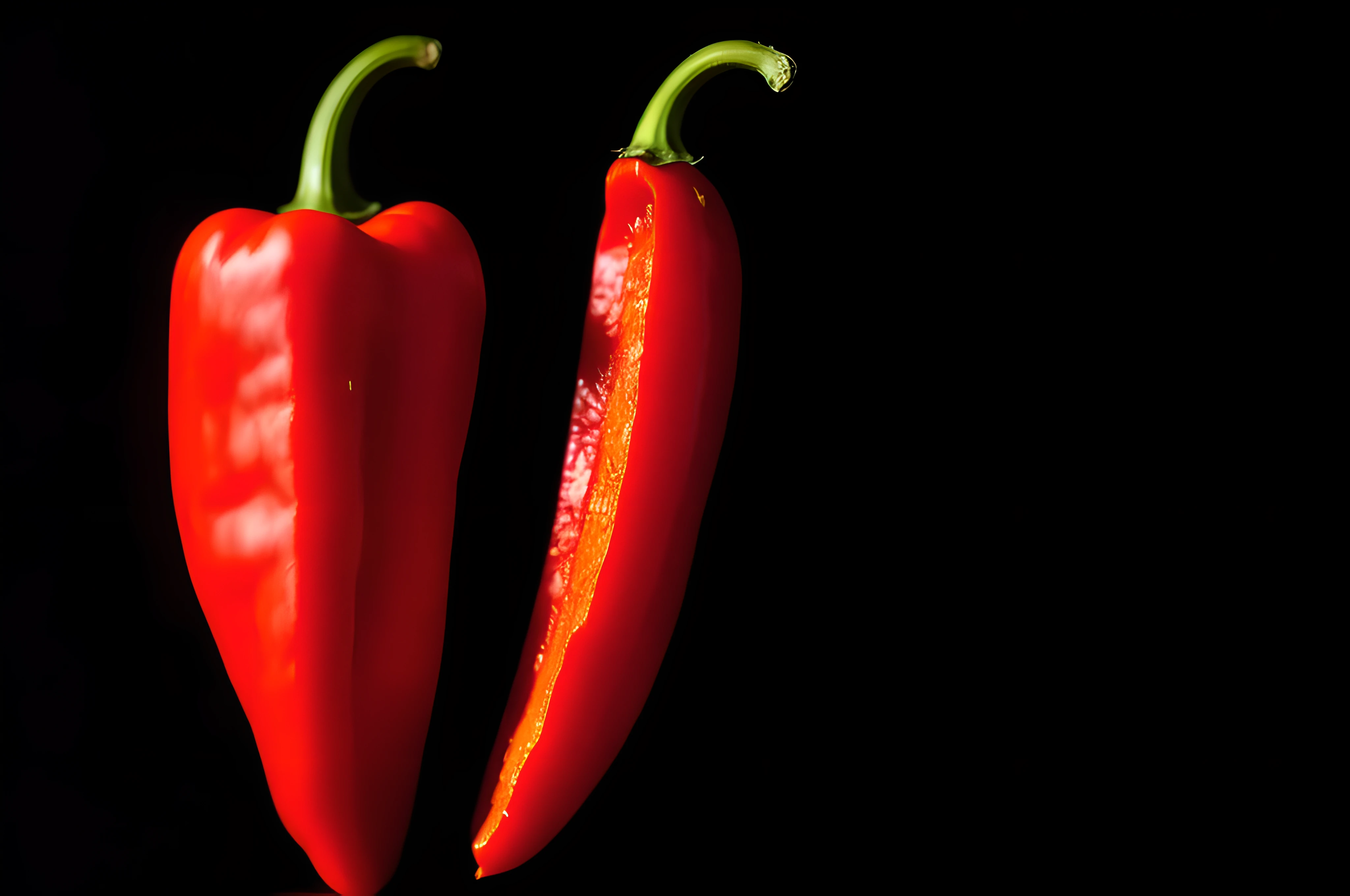 red pepper, front view, cinematic image, isolated black background