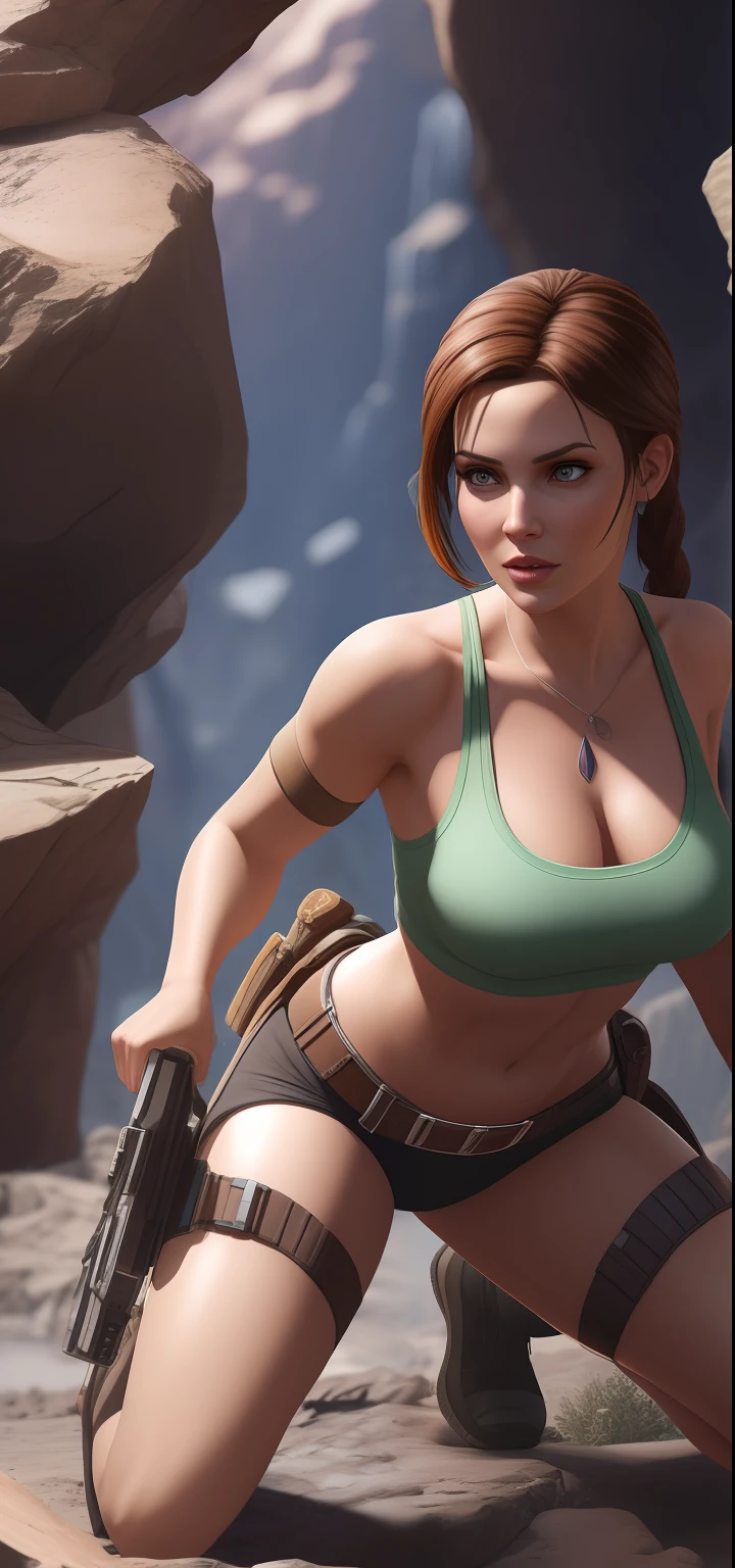 Lara Croft in the cave, Fabulous beautiful crystals, overdetalization, Unbelievable lighting, overdetalization, 8k, Unreal Engine 5, 3d визуализация, parallax, RTX