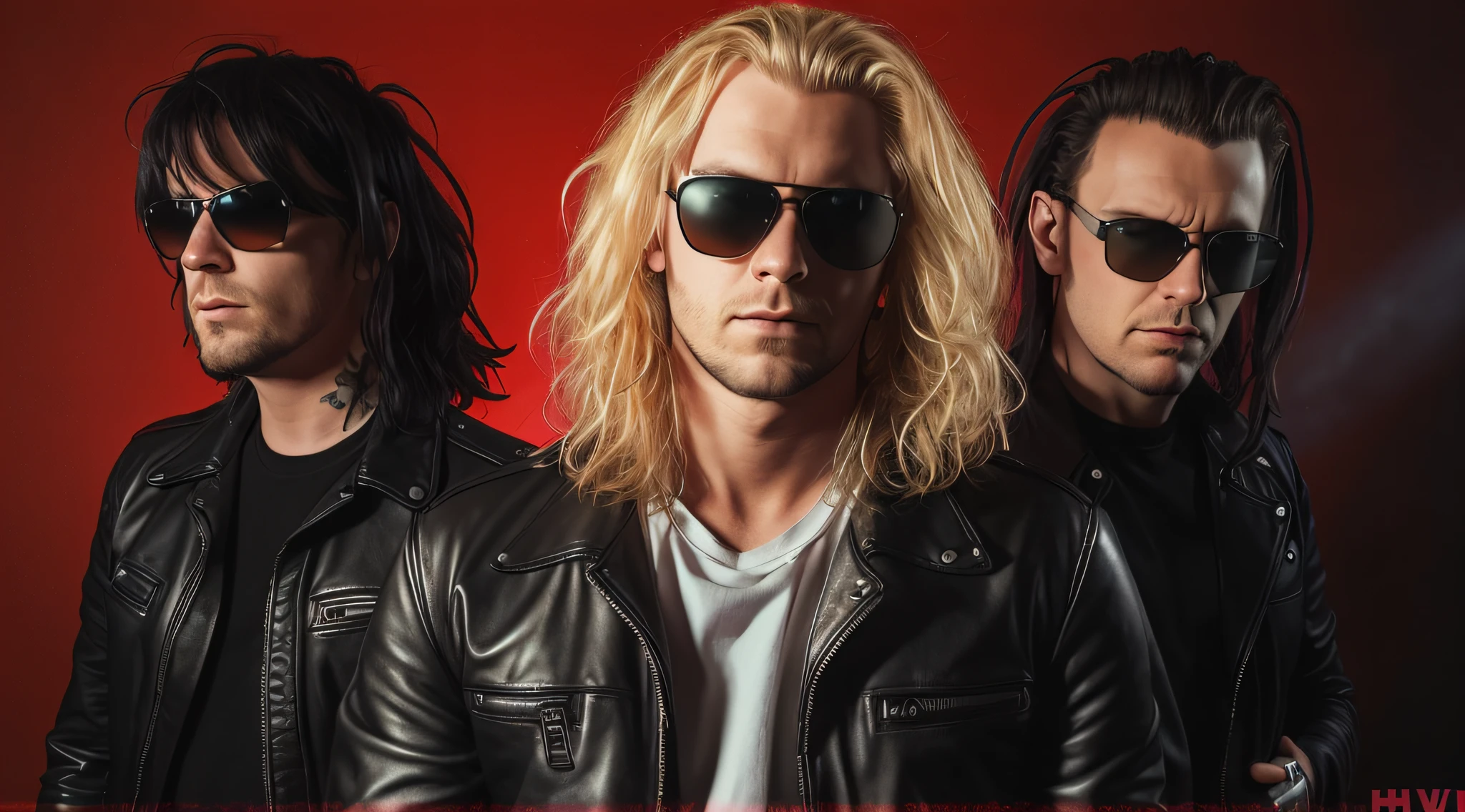 3 BLONDE BOYS LONG HAIRED, in black leather jackets and sunglasses, HALF BODY, SOFT RED BACKGROUND LIGHTS, posing for a photo, high quality photo, very low quality image, heavy rock band promotional photo, phosphorescent, heavy metal band promo, photo of a promotional session, very high quality,  war photo, the scooter (EDM band, sinister vibe, the name of the band is Roborock