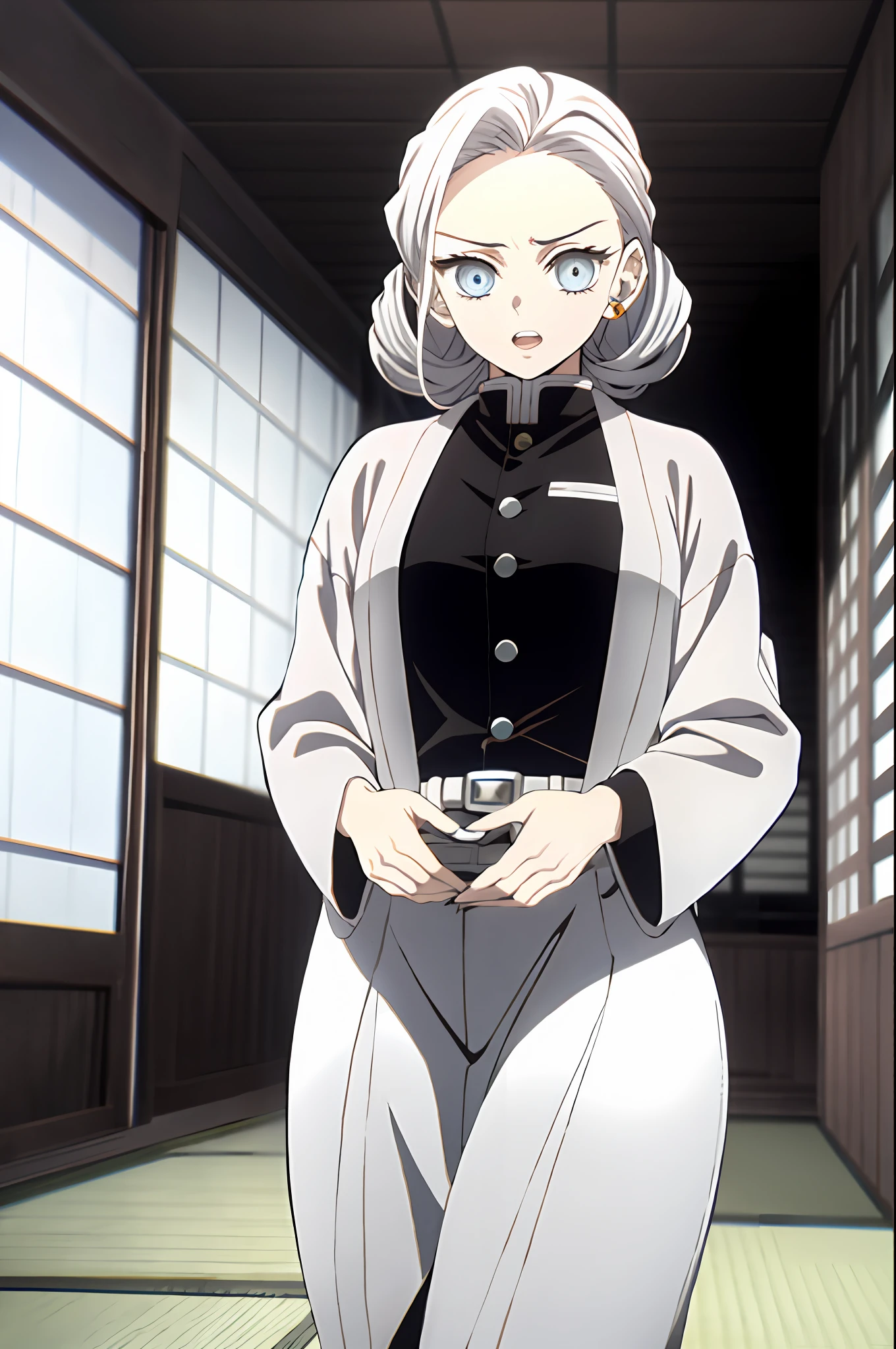 Kimetsu no yaiba style, Original character, demon slayer uniform, 1fille, visage mignon, Focus fille, Boucles en perle, dents, bijoux, pantalon, cheveux blanc, ceinture, jupe noir, japanese clothes, Haori, Haori blanc, seulement, yeux gris/ blanc, manches longues, Coloriage anime, ((master piece))