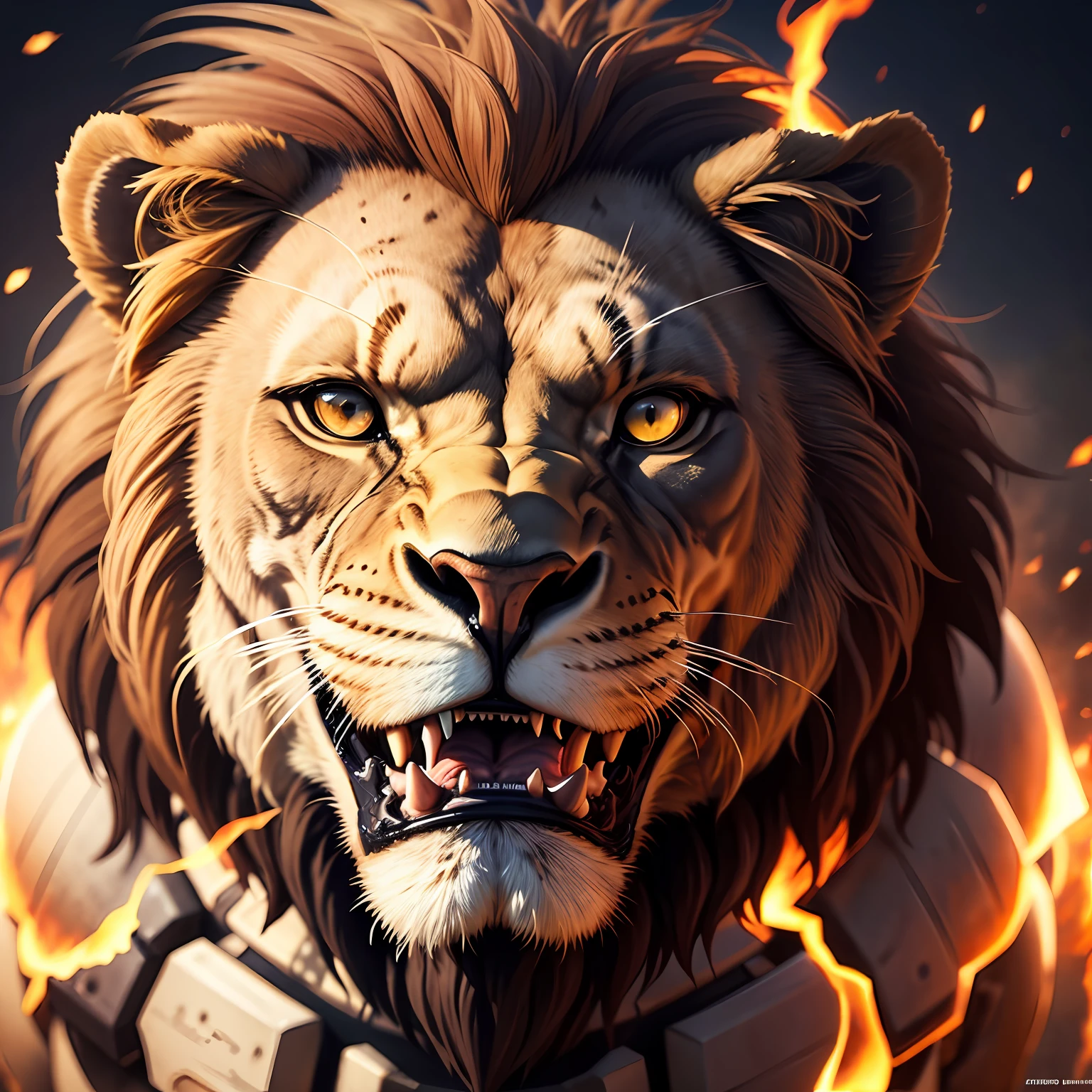 Imagine a skeleton of a lion, abrindo a boca e saindo fogo, ambiente escuro, high-definition picture, cena cinematografica --auto