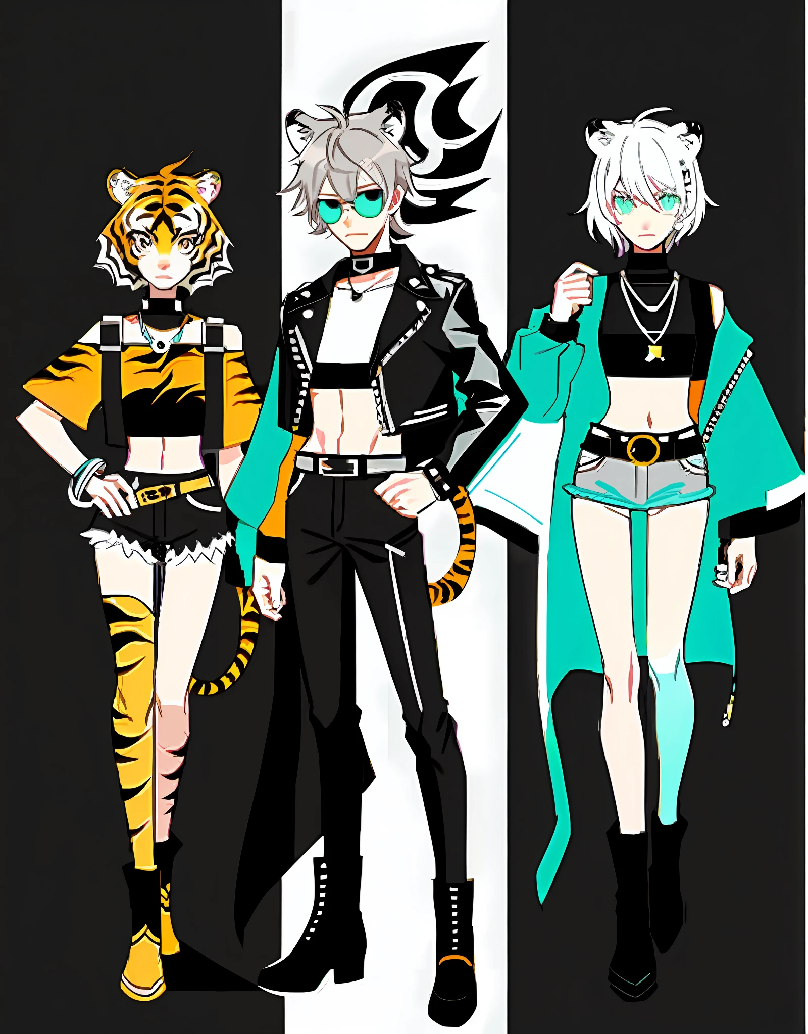 vector art, pastel colors, anthro tiger in a crop top, leather jacket, many belts and bracelets, fullbody character reference front view, flat color background, soft shadows