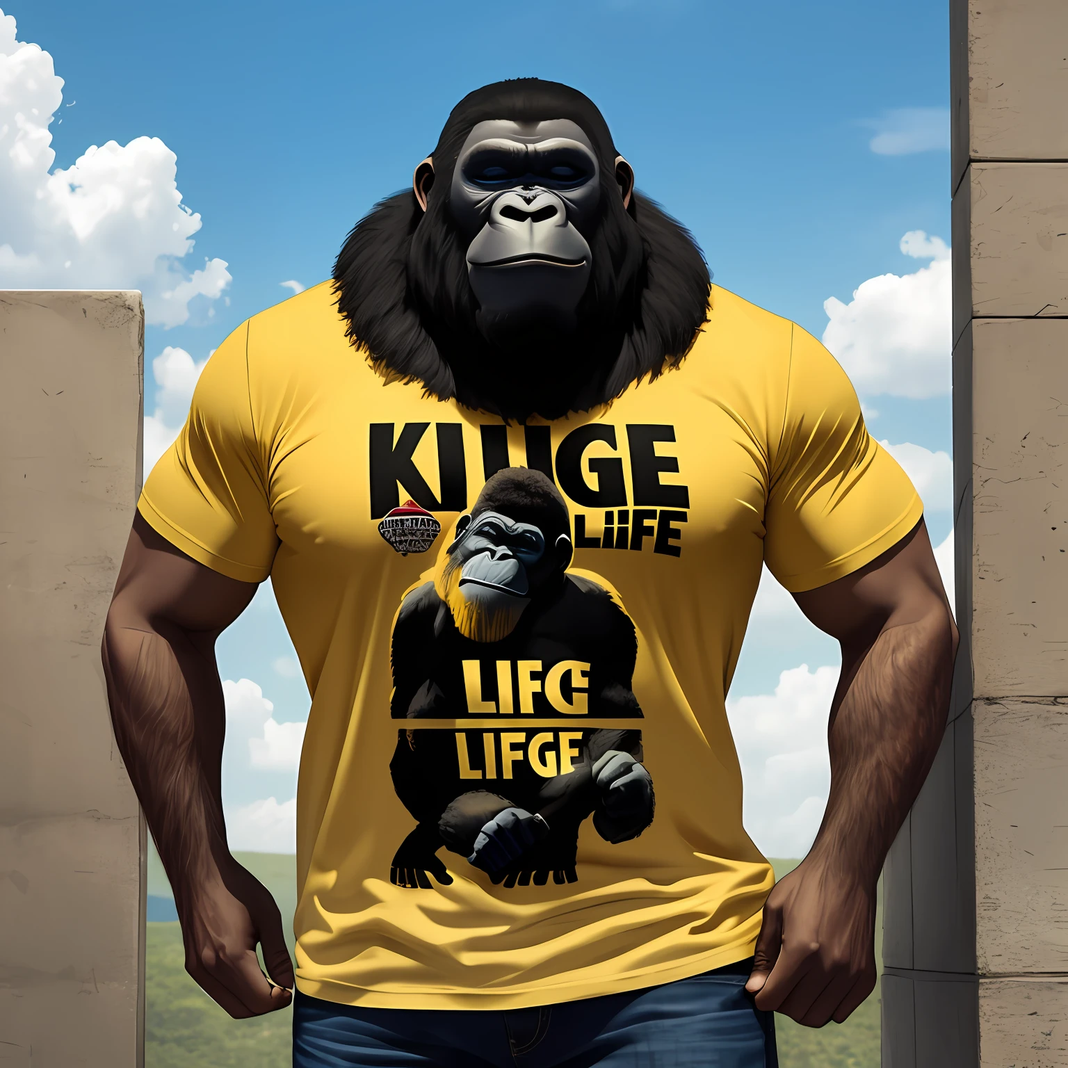 imagine um gorila com uma camiseta escrito "king Life" high-definition picture, ambiente sombrio, cena cinematografica --auto