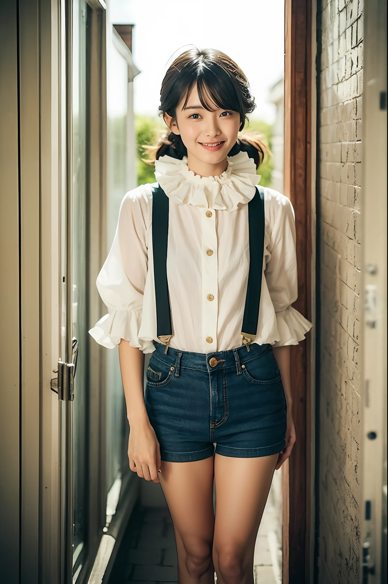 Araki woman in white shirt and shorts poses for a photo, frilled blooming collar, pastel', frill, shell collar!!l, chiho, frilly outfit, author：ayami kojima, Puff sleeves, # Rococo, Dreamy style, Lolita style, Loli, white puffy outfit, ann takamaki, ivory rococo
