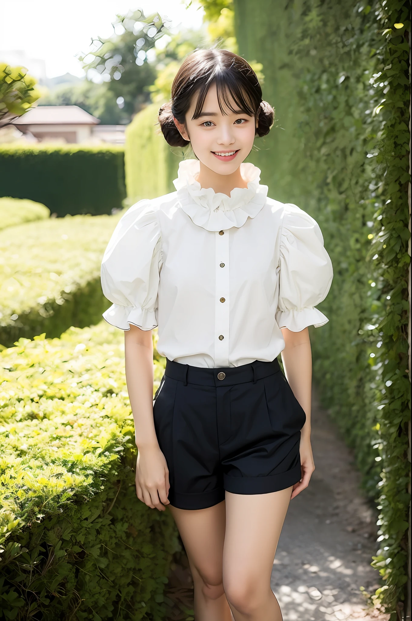 Araki woman in white shirt and shorts poses for a photo, frilled blooming collar, pastel', frill, shell collar!!l, chiho, frilly outfit, author:ayami kojima, Puff sleeves, # Rococo, Dreamy style, ta style, Loliite puffy outfit, ann takamaki, ivory rococo
