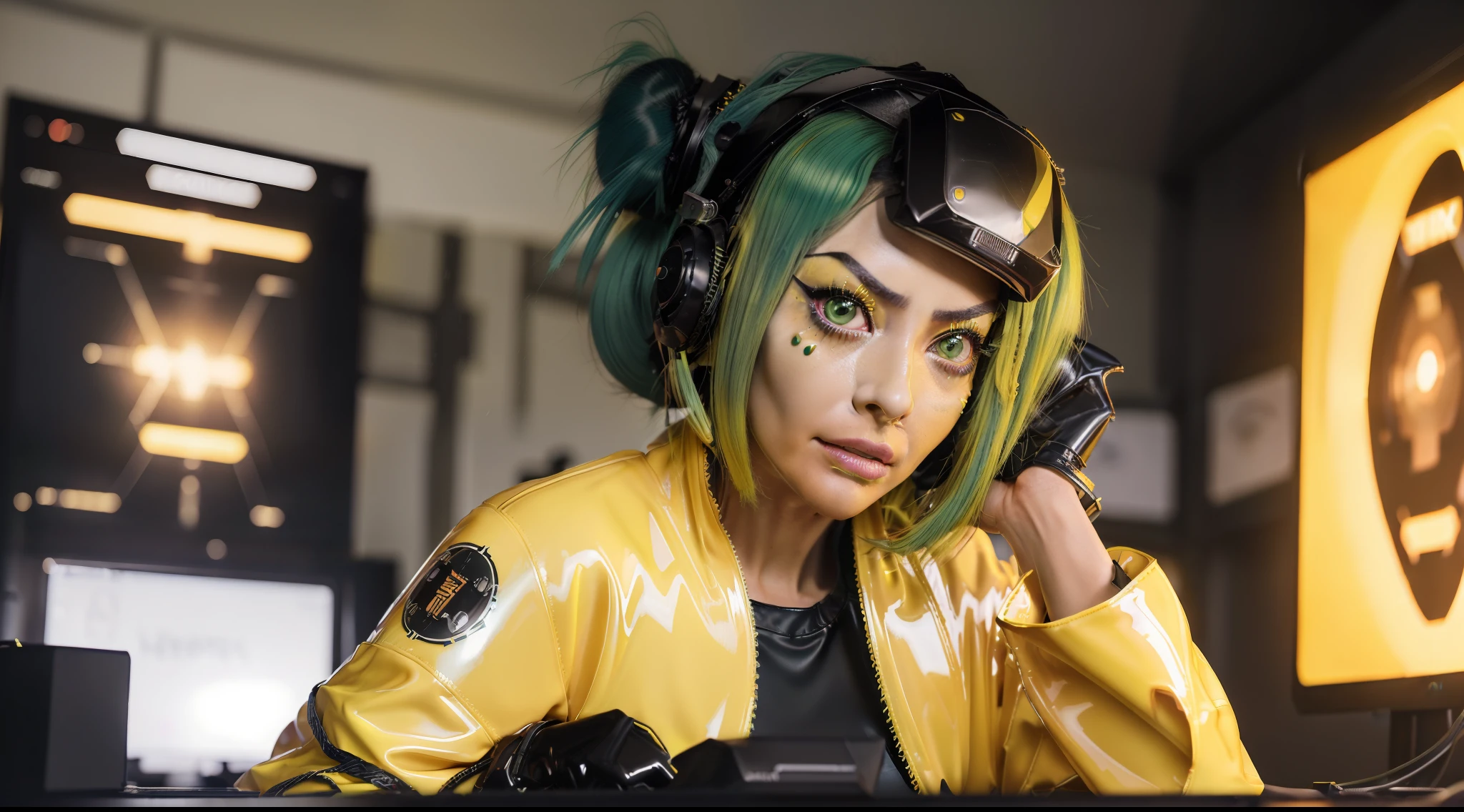 8k, ARTISTIC photography, best quality, masterpiece: 1.2), (realistic, photorealistic: 1.37` Movie still from johnny mnemonic movie directed by (John Carpenter) from 1987, (cyber punk Goddess wearing Vr head for hacking,), ((green hair)) , (hacking console), over-detailed face, (((big open eyes))), beautiful body, toned body, (( dressed as futuristic samurai, Gortex bomber jacket, ǍCROŇYM)). (((latex yellow Kimono))), posing, in dark room wires and computers.