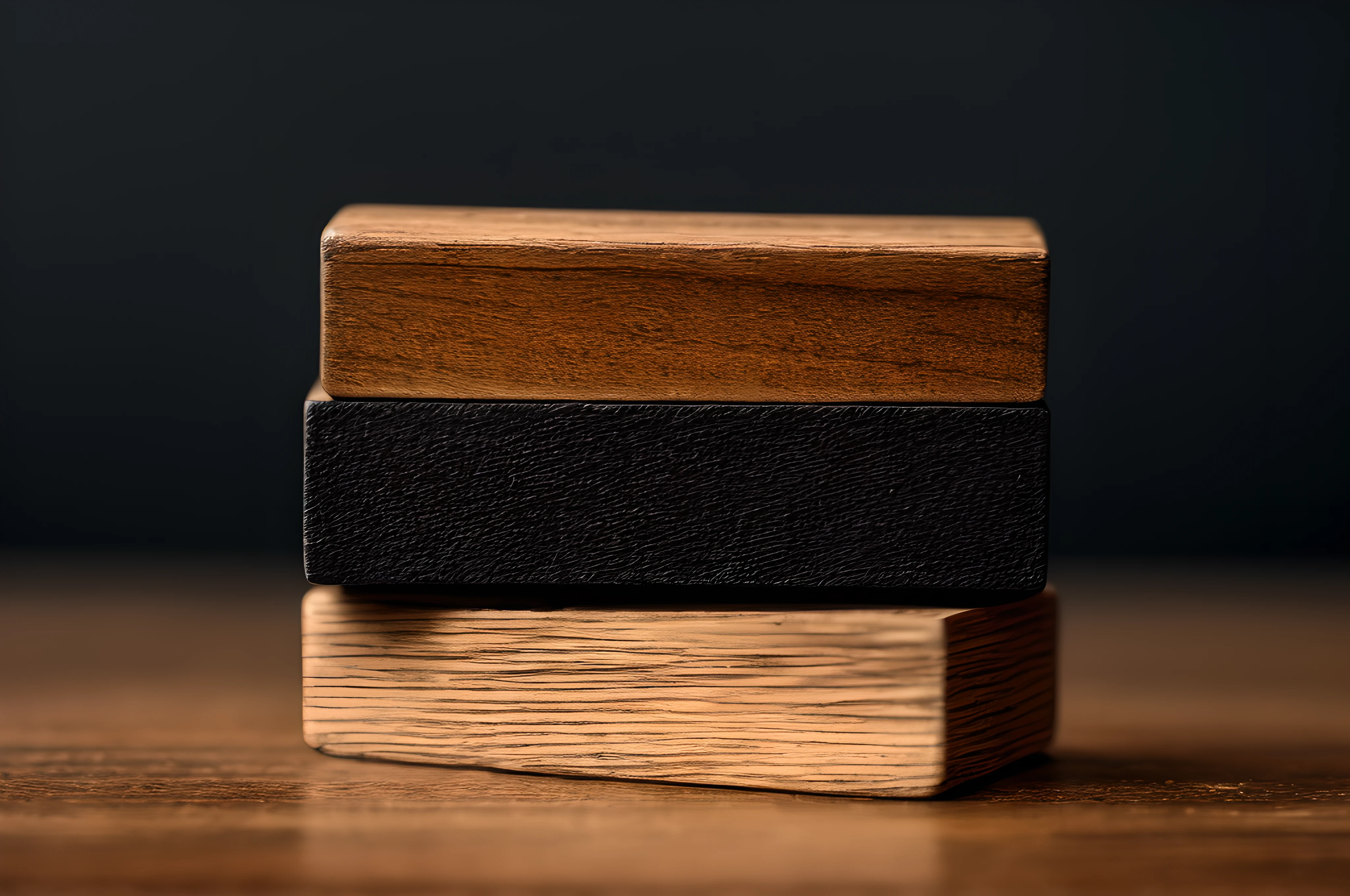 stacked wooden black blocks, front view, cinematic image, isolated black background