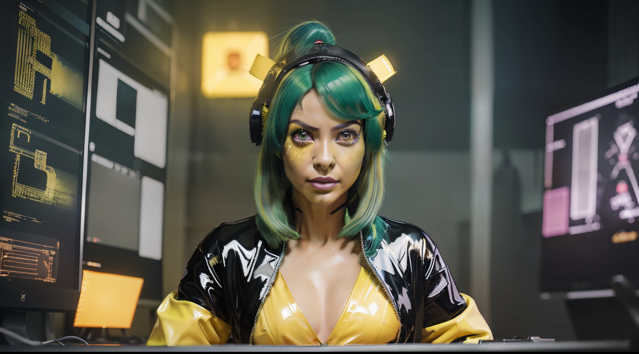 8k, ARTISTIC photography, best quality, masterpiece: 1.2), (realistic, photorealistic: 1.37` Movie still from johnny mnemonic movie directed by (John Carpenter) from 1987, (cyber punk Goddess wearing Vr head for hacking,), ((green hair)) , (hacking console), over-detailed face, (((big open eyes))), beautiful body, toned body, (( dressed as futuristic samurai, Gortex bomber jacket, ǍCROŇYM)). (((latex yellow Kimono))), posing, in dark room wires and computers.