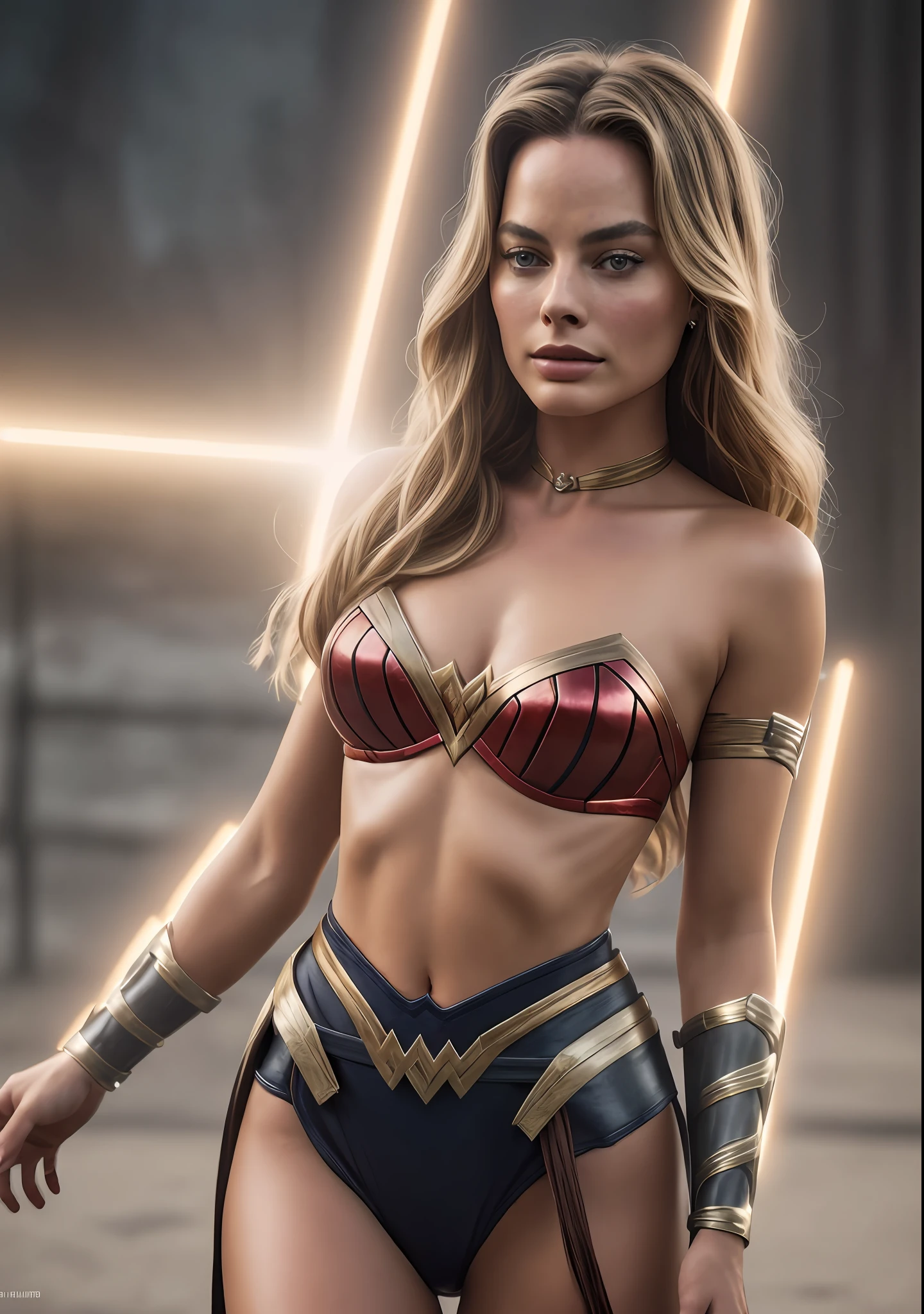 A full-length photograph of Margot Robbie dressed in epic Wonder Woman cosplay, cuerpo completo, Cara perfecta, cuerpo perfecto, sexy, Perfect booty, volumetric illumination, luces suaves, 8k, HDR, (kinematics), (hiperrealista); (IDH); realistic illumination, volumetric illumination, realistic illumination, 8k maximalist photo resolution, intrincadamente detallada, compleja, elegante, expansiva, fantastical), alta calidad (foto RAW, mejor calidad), labios de Hollywood, wide jaw line, labios anchos, nariz estrecha y hermosa