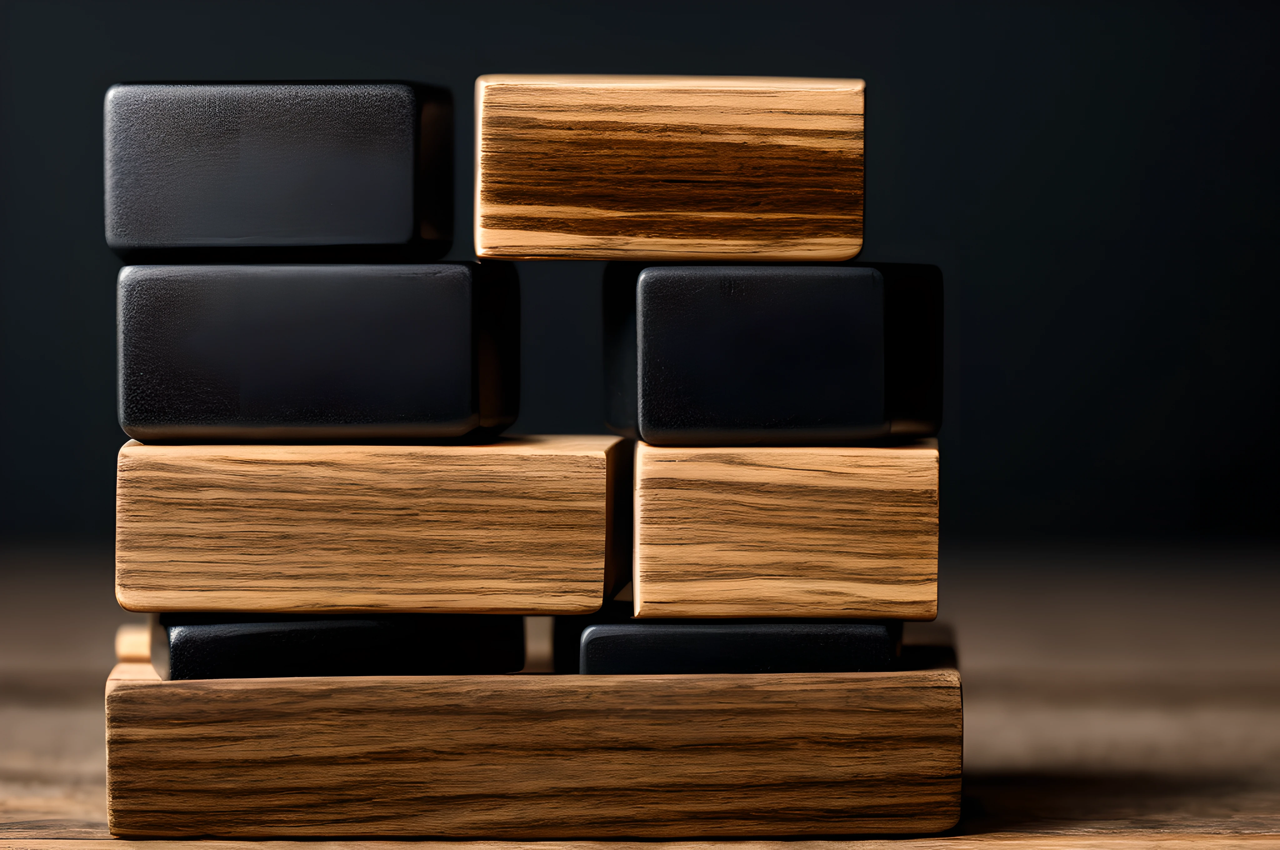 stacked wooden black blocks, front view, cinematic image, isolated black background