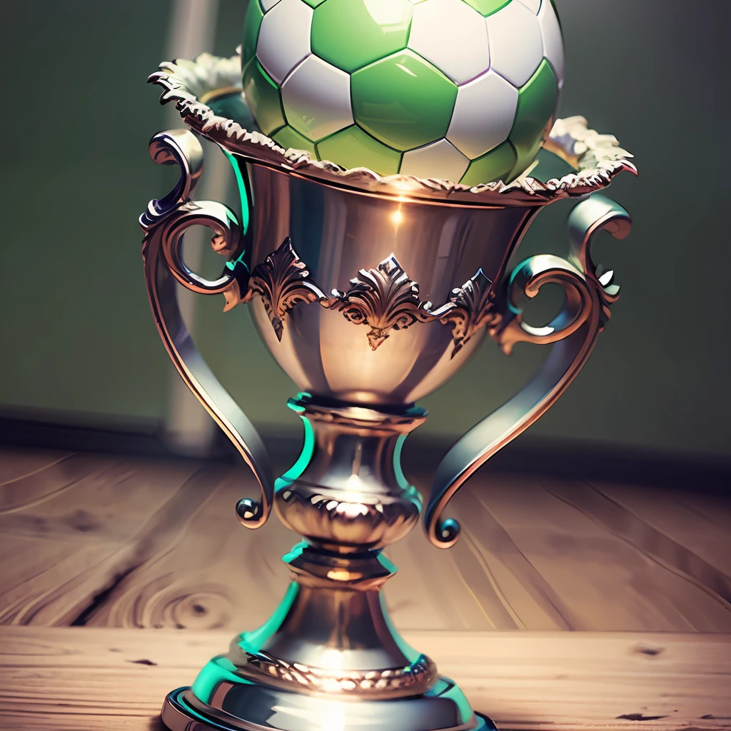 soccer trophy, silver with green, with soccer ball, with drawn alien, --auto --s2