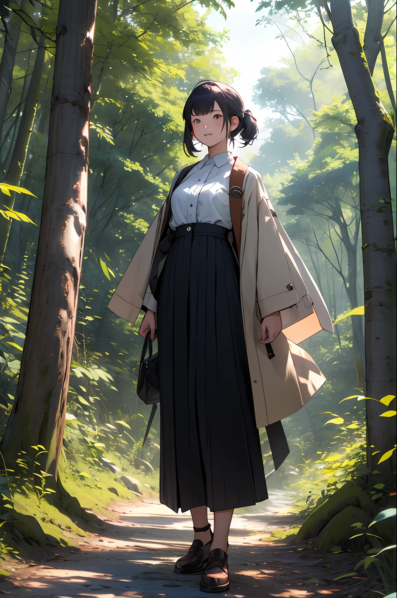 Girl in the forest and sunshine, shorth hair, Nice hairstyle, Nice clothes