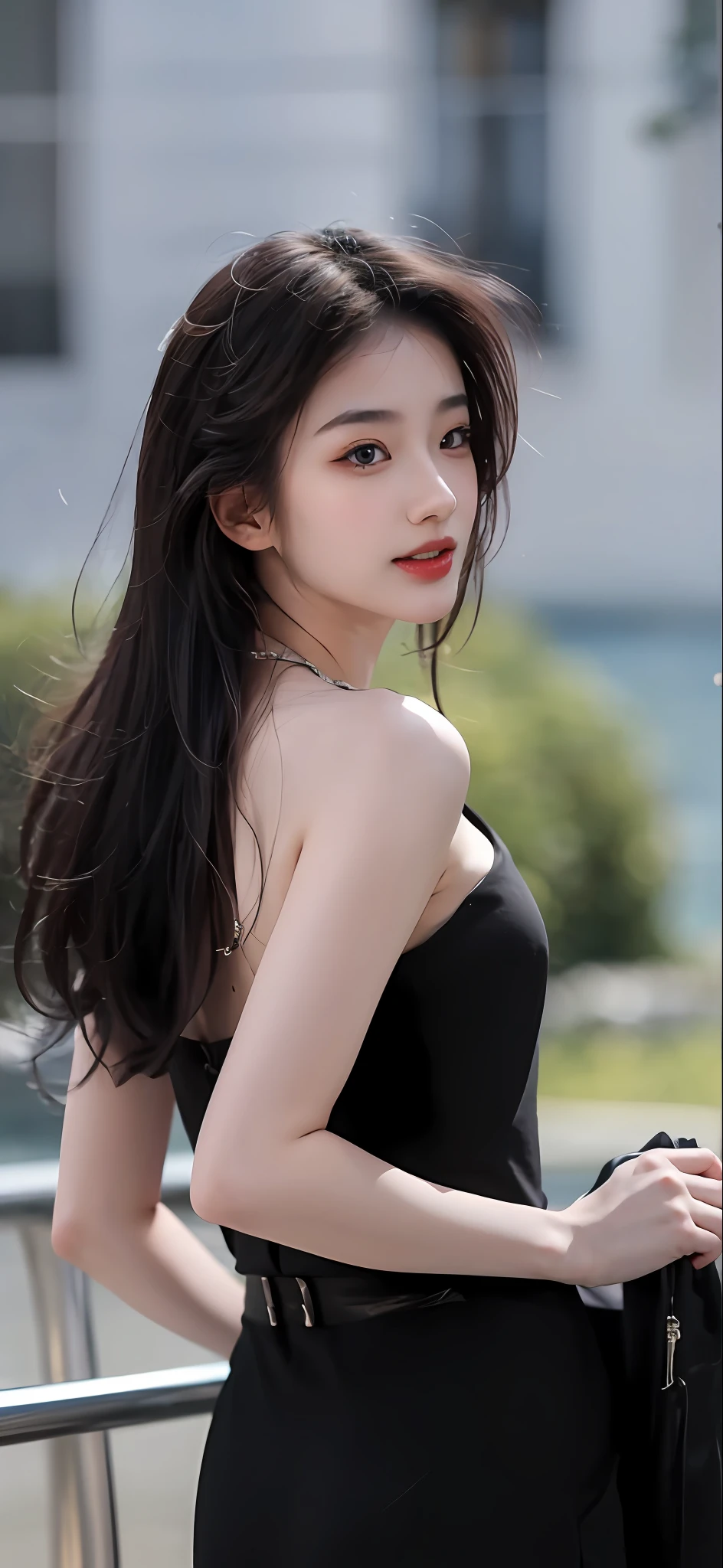 Best quality,Masterpiece,超高分辨率,(Photorealistic:1.4),(1girll:1.3),exteriors,beachside,the sea,On the beach,Facing the sea,Face the camera,ssmile,On a cruise ship,On the beach,beach umbrella,(full bodyesbian:1.5),1 girl,wavy and long hair,Girls all over,Open chest,vests, Dusk,Bright,The sky is blue,White clouds
