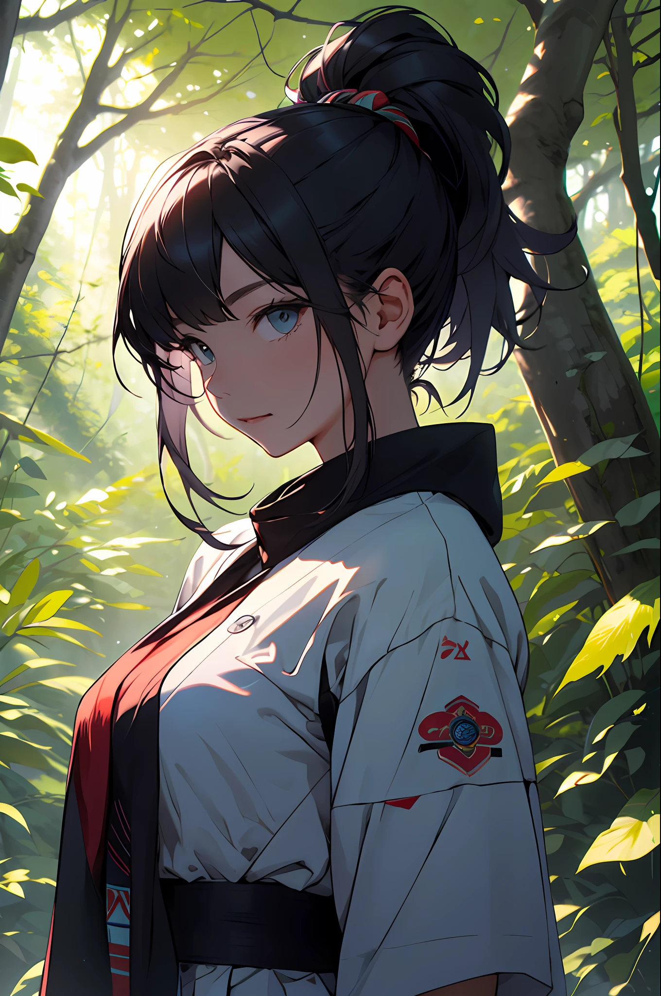 Girl in the forest and sunshine, shorth hair, Nice hairstyle, Nice clothes