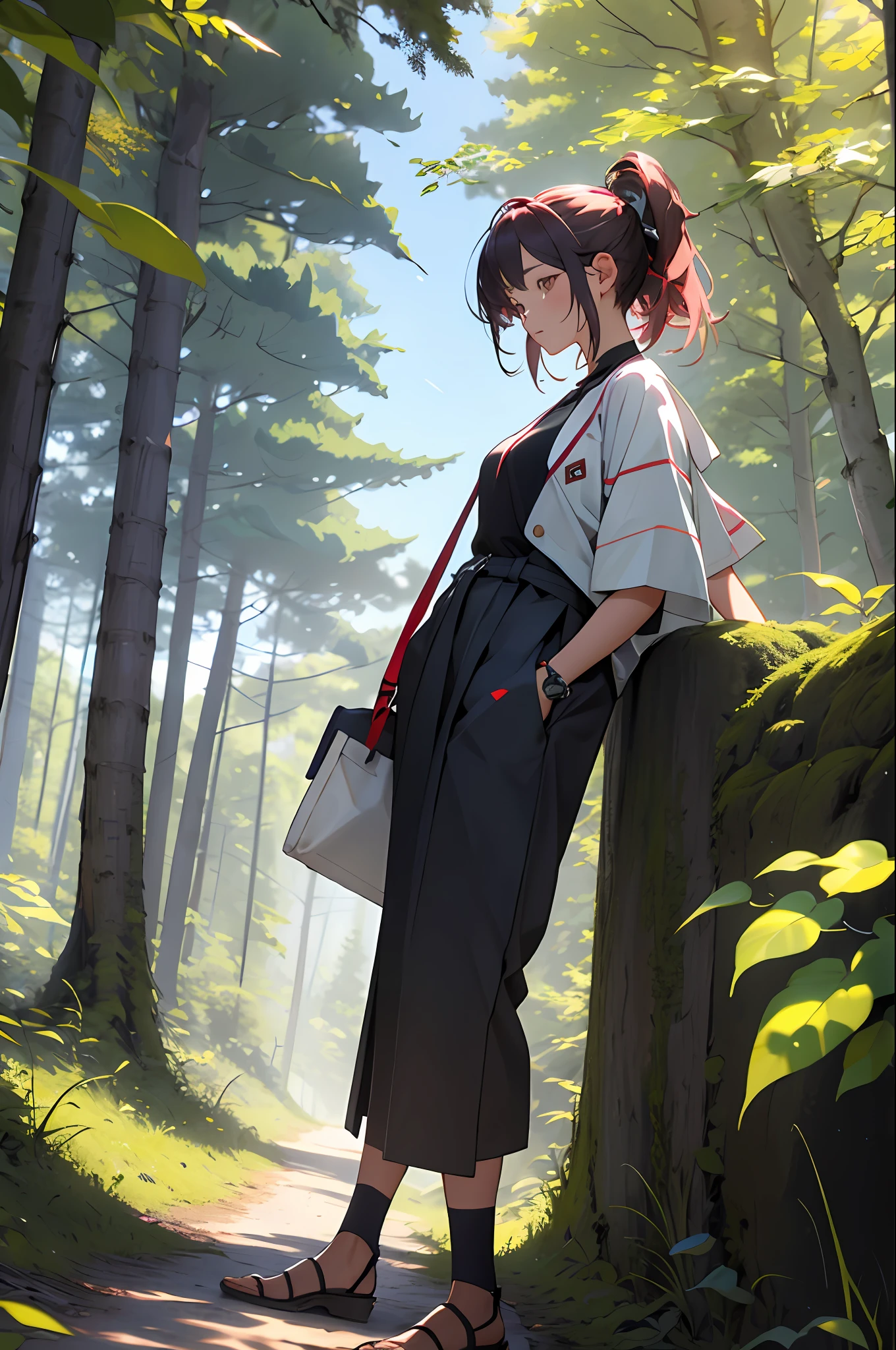 Girl in the forest and sunshine, shorth hair, Nice hairstyle, Nice clothes