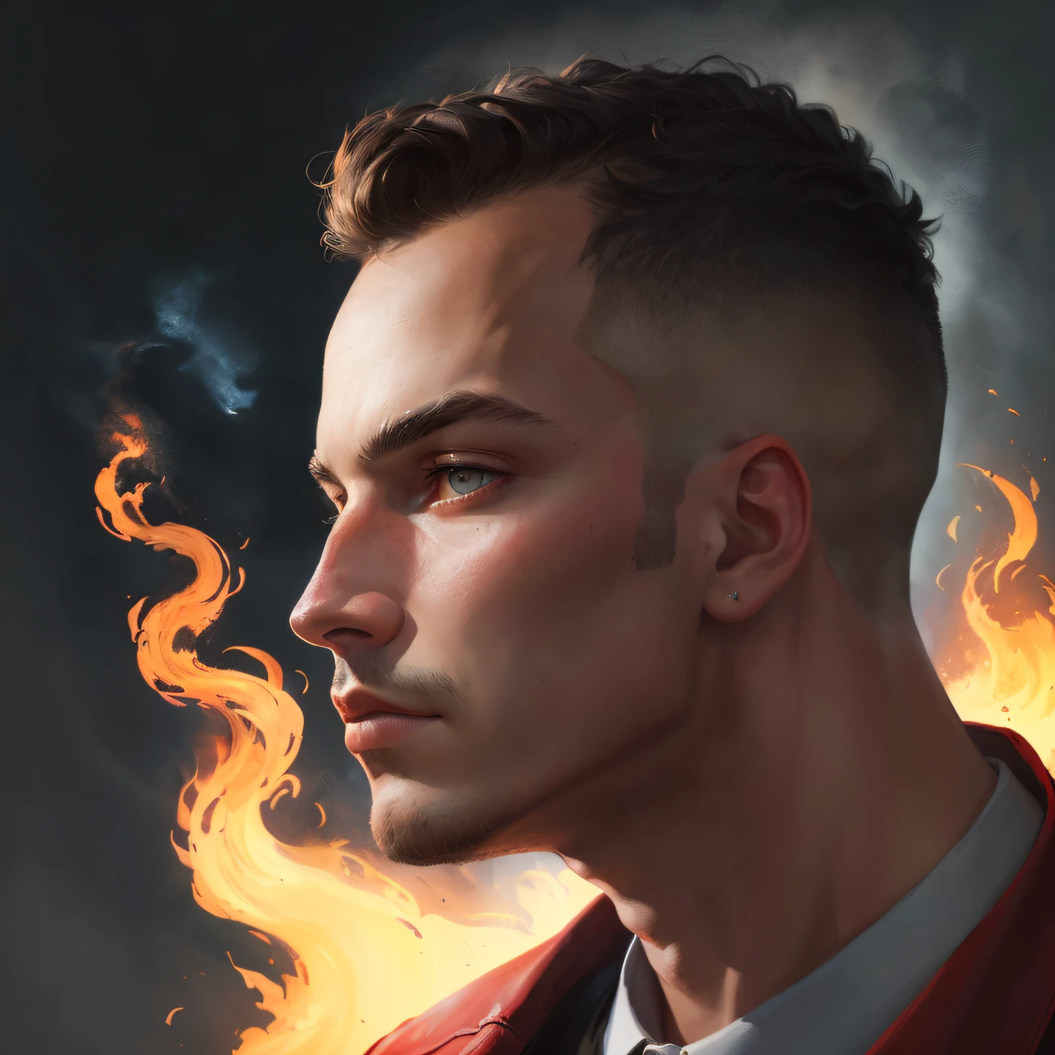 there is a man with a red jacket and a tie on, Epic portrait illustration, retrato da arte do personagem, retrato detalhado do caractere, retrato de alta qualidade, retrato de personagem pintado, fire behind him, baixo detalhamento. pintura digital, stunning digital illustration, irreal 5. retrato de rpg, pintura digital detalhada, retrato masculino da fantasia, Cinematic realistic portrait, Wojtek FUS, closeup retrato de personagem