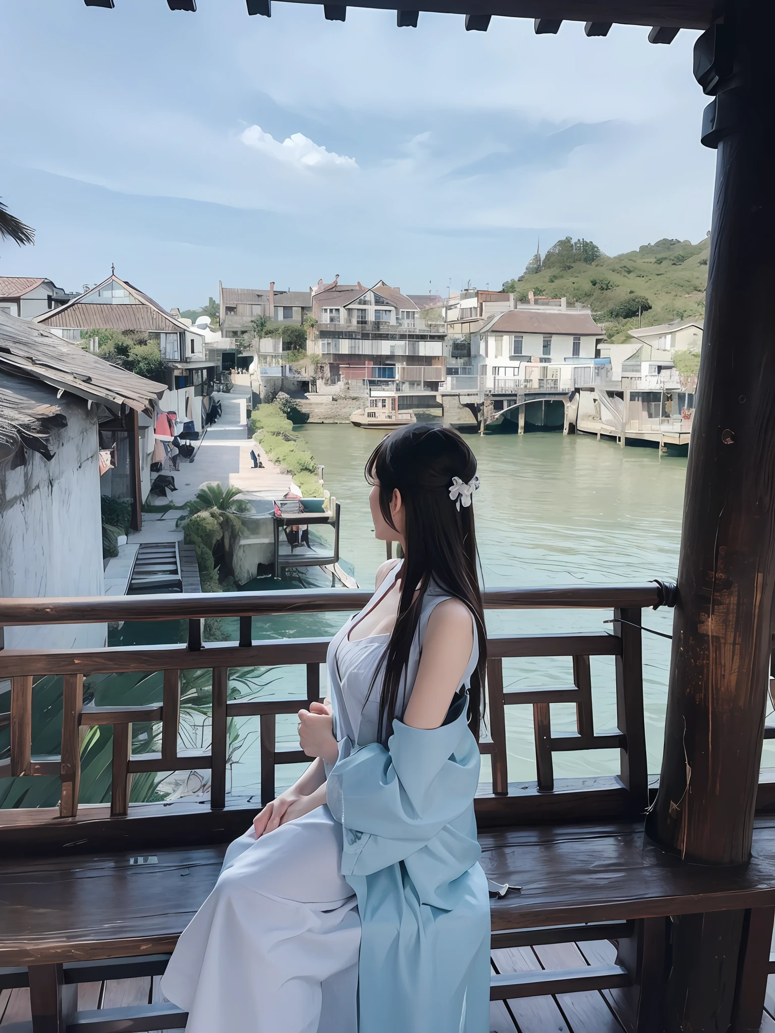 Best quality,Masterpiece,超高分辨率,(Photorealistic:1.4),(1girll:1.3),exteriors,beachside，the sea，On the beach，Facing the sea，Face the camera，ssmile，On a cruise ship，On the beach，beach umbrella，(full bodyesbian:1.5),1 girl,wavy and long hair,Girls all over,Open chest,vests, Dusk，Bright，The sky is blue，White clouds