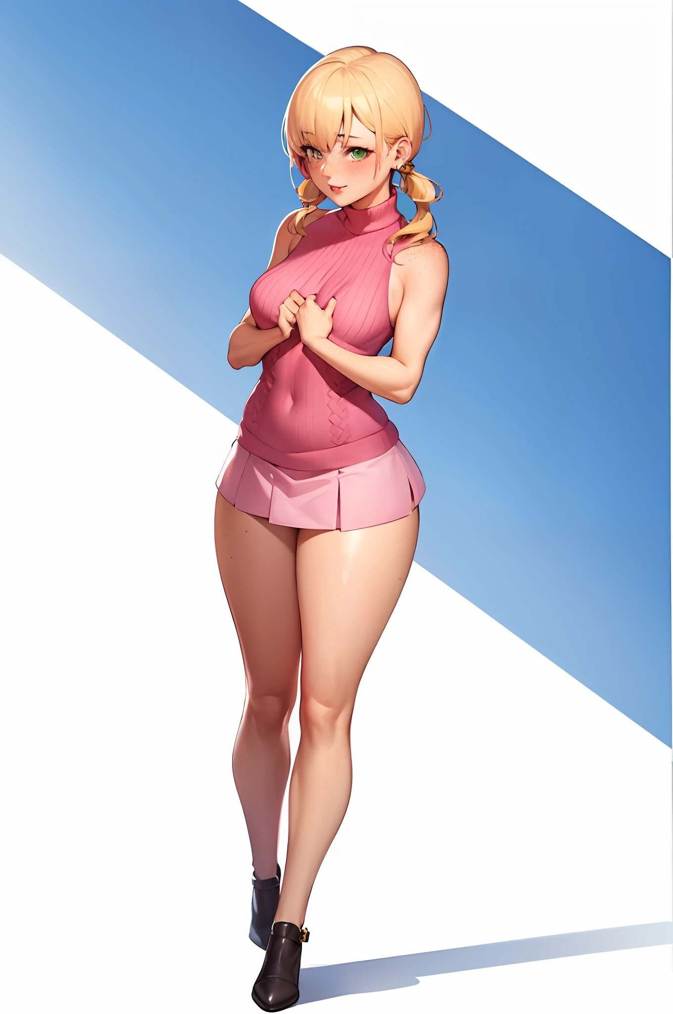 1girl, solo woman, 1 person, single person, woman with a ((PINK)) sleeveless turtleneck sweater, short ((PINK)) skirt, full body portrait, girl fanart, !!full body portrait!!, fullbody portrait, full body character portrait, full-body character portrait, detailed full body, full body illustration, anime full body illustration, anime style character, blonde hair, hairstyle: Pigtails, white thighhigh socks, green eyes, freckles, ((GOLD)) hoop earings, ((no item in hands)) ((ECCHI)) ((LEWD)) ((naughty)) ((Showing skin)) ((Showing chest)) ((Open chest)) ((WHITE BACKGROUND))
