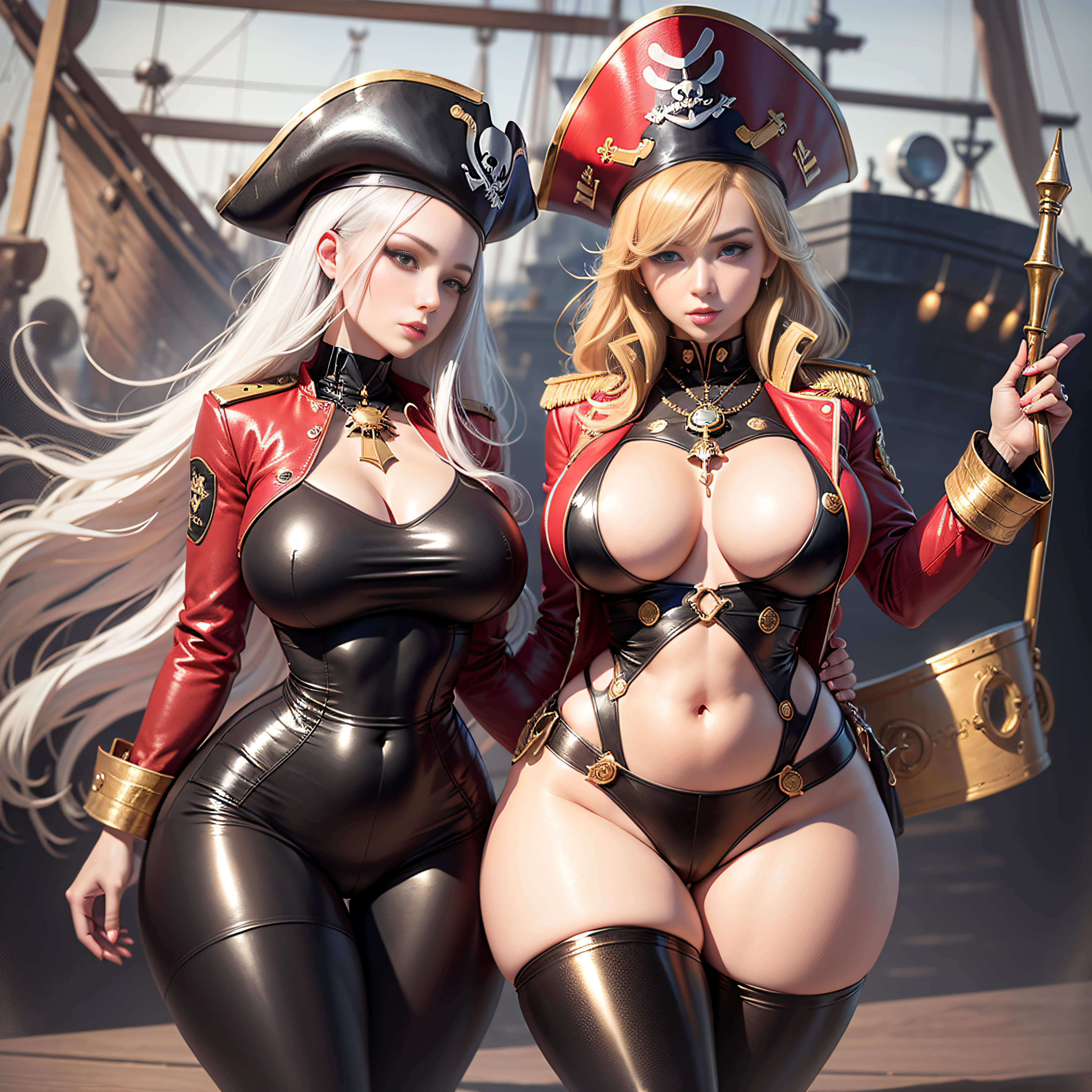 pirate captain outfit with pirate hat, red jacket with gold tassels, white frilly blouse, black pants, brown thigh high boots, eye patch, massive breasts, massive hips, massive thighs, massive calves, slender waist, hourglass figure, shiny black pantyhose, piloting a wooden ship, detailed eyes, leggings, kissing each other, 4K high resolution