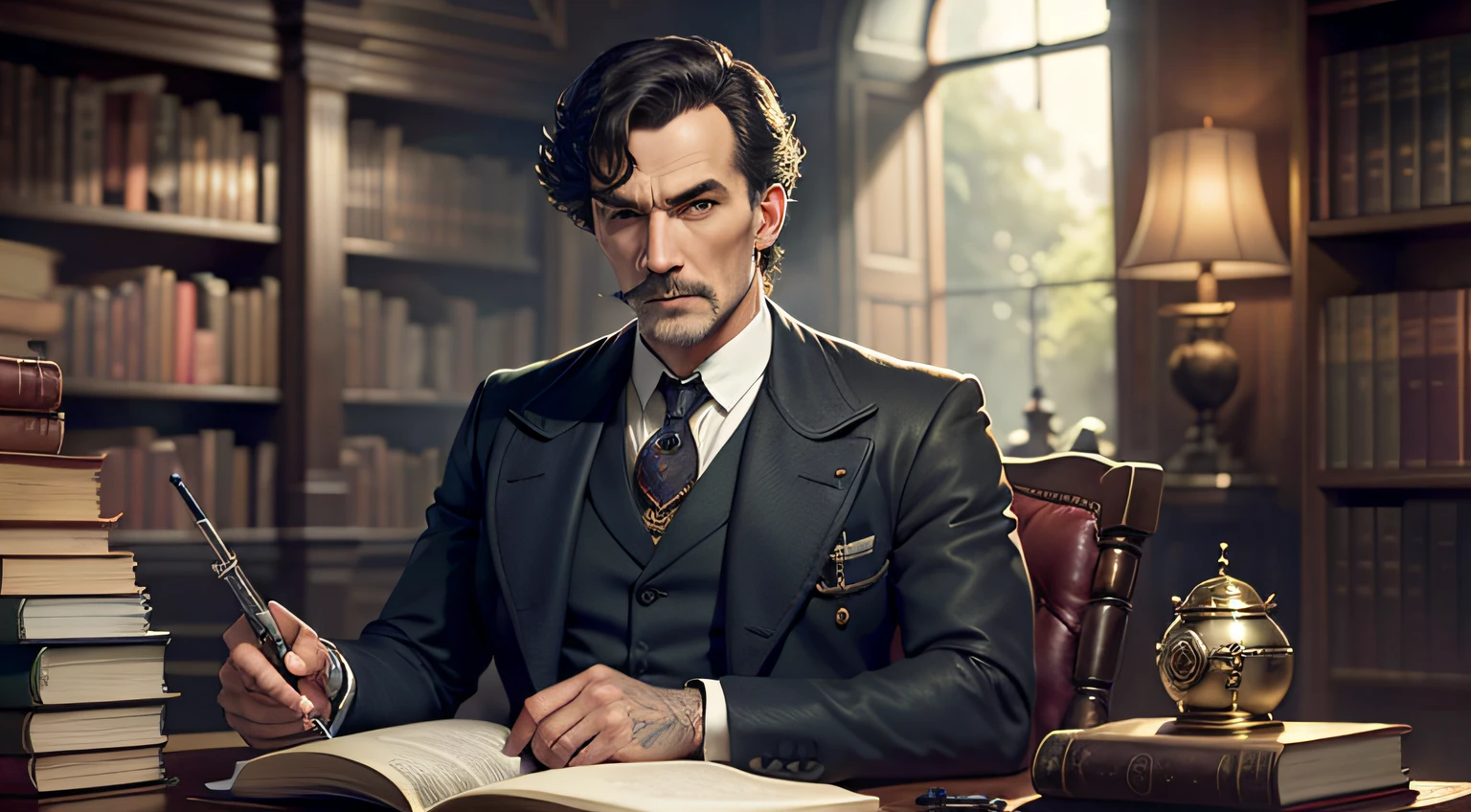 escritor em poltrona, with pipe and book in library setting, imagem estilo personagem do Sherlock Holmes --auto