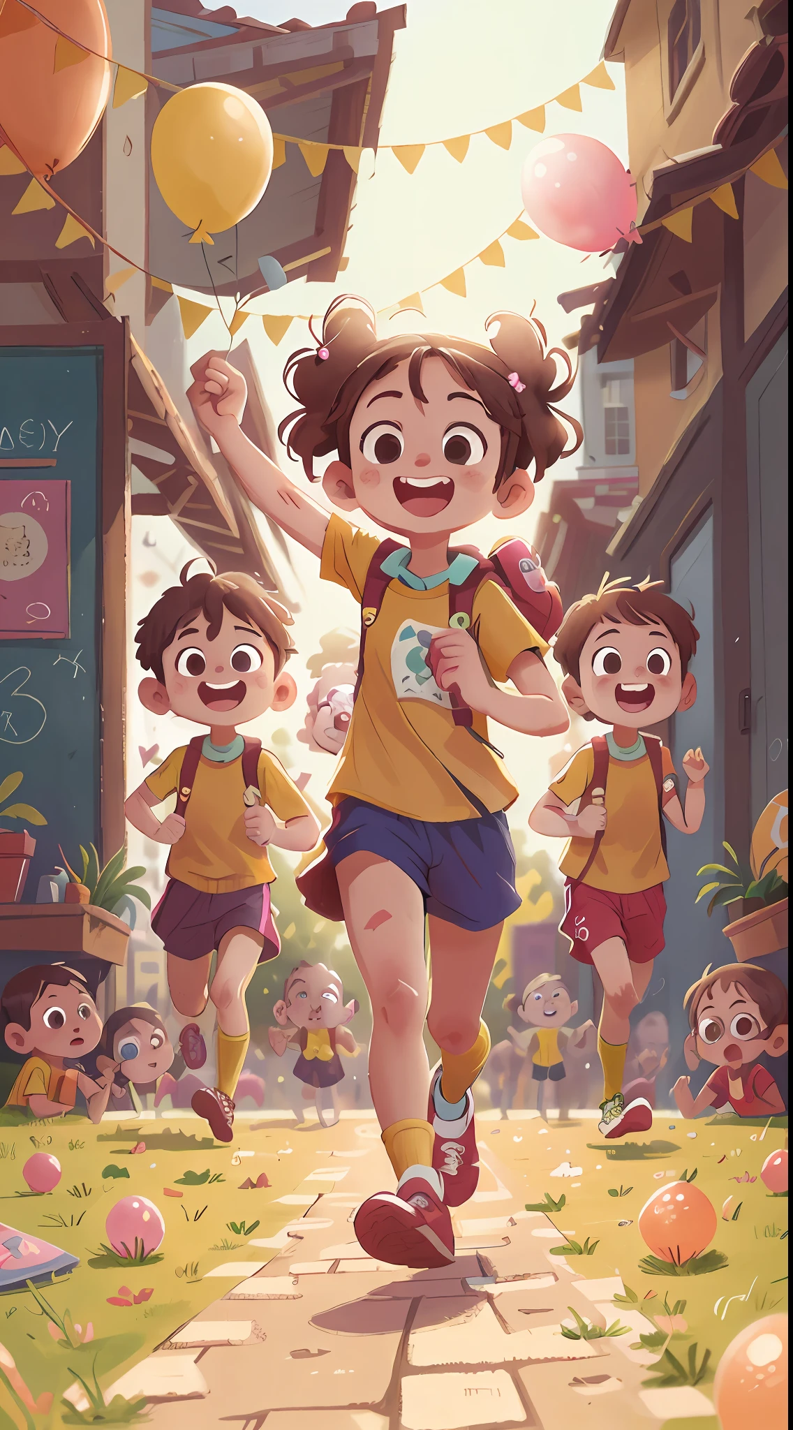 (SFW), a group of running children, in front of the school, holding balloons, happy, happy, perfect quality, clear focus, (clutter - home: 0.8), (masterpiece: 1.2) (Realistic: 1.2) (bokeh) (Best quality) (Detailed skin: 1.3) (Intricate details) (8K) (Detail Eyes) (Sharp Focus), (Happy)