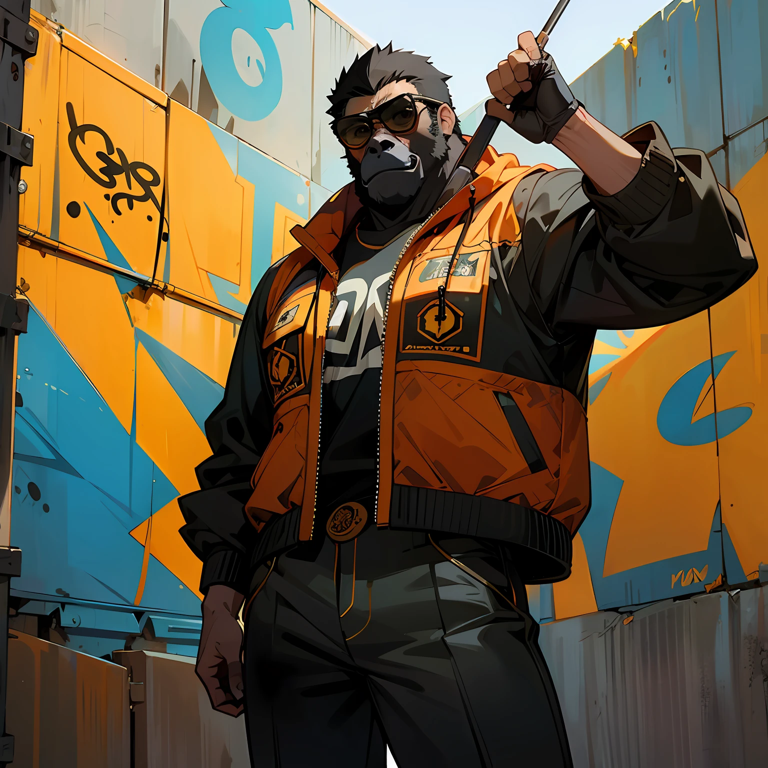 Imagine a gorilla with sunglasses, jaquete de couro, correntes de ouro, cara de mau, behind a graffiti wall, high definition picture cinematic scene --auto