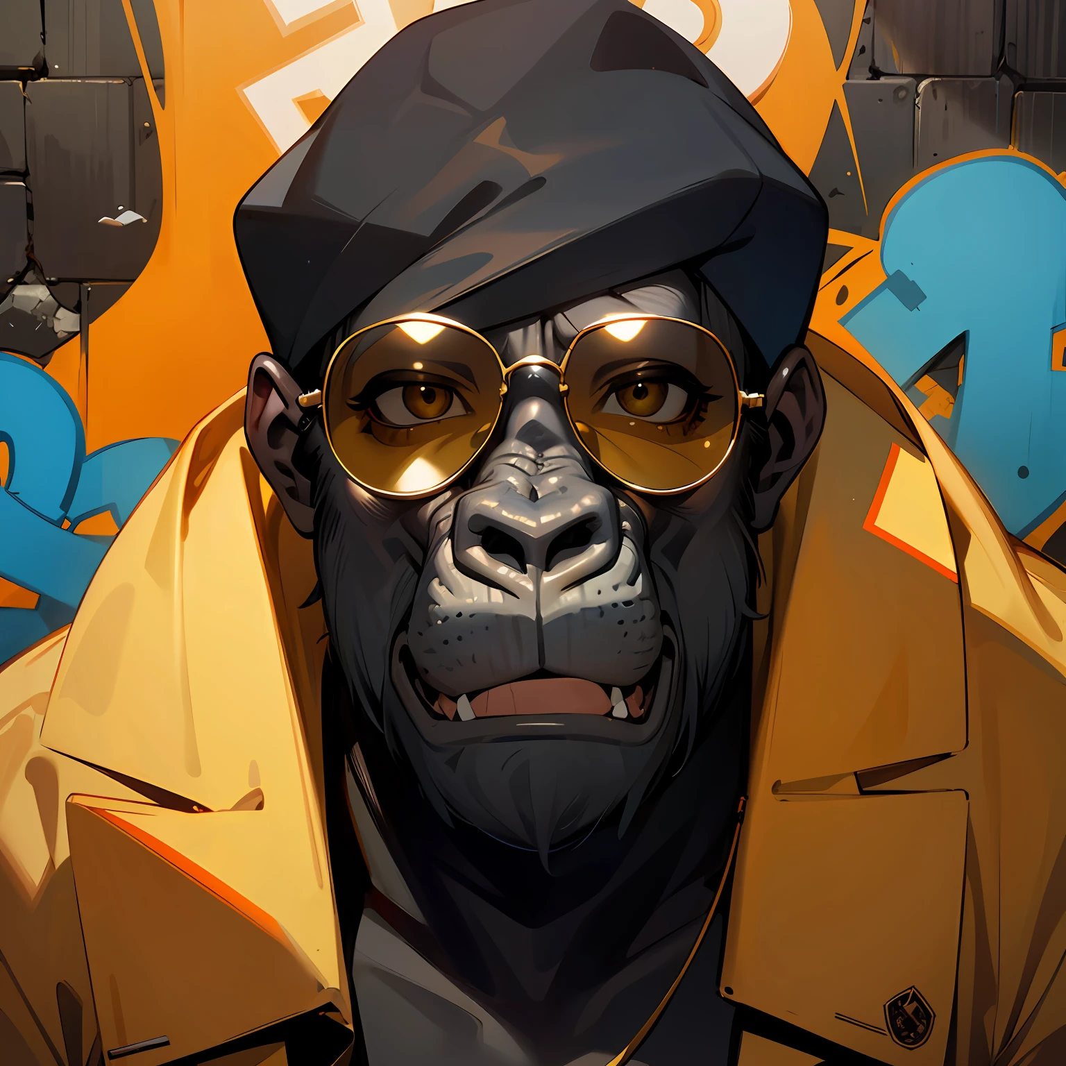 Imagine a gorilla with sunglasses, jaquete de couro, correntes de ouro, cara de mau, behind a graffiti wall, high definition picture cinematic scene --auto
