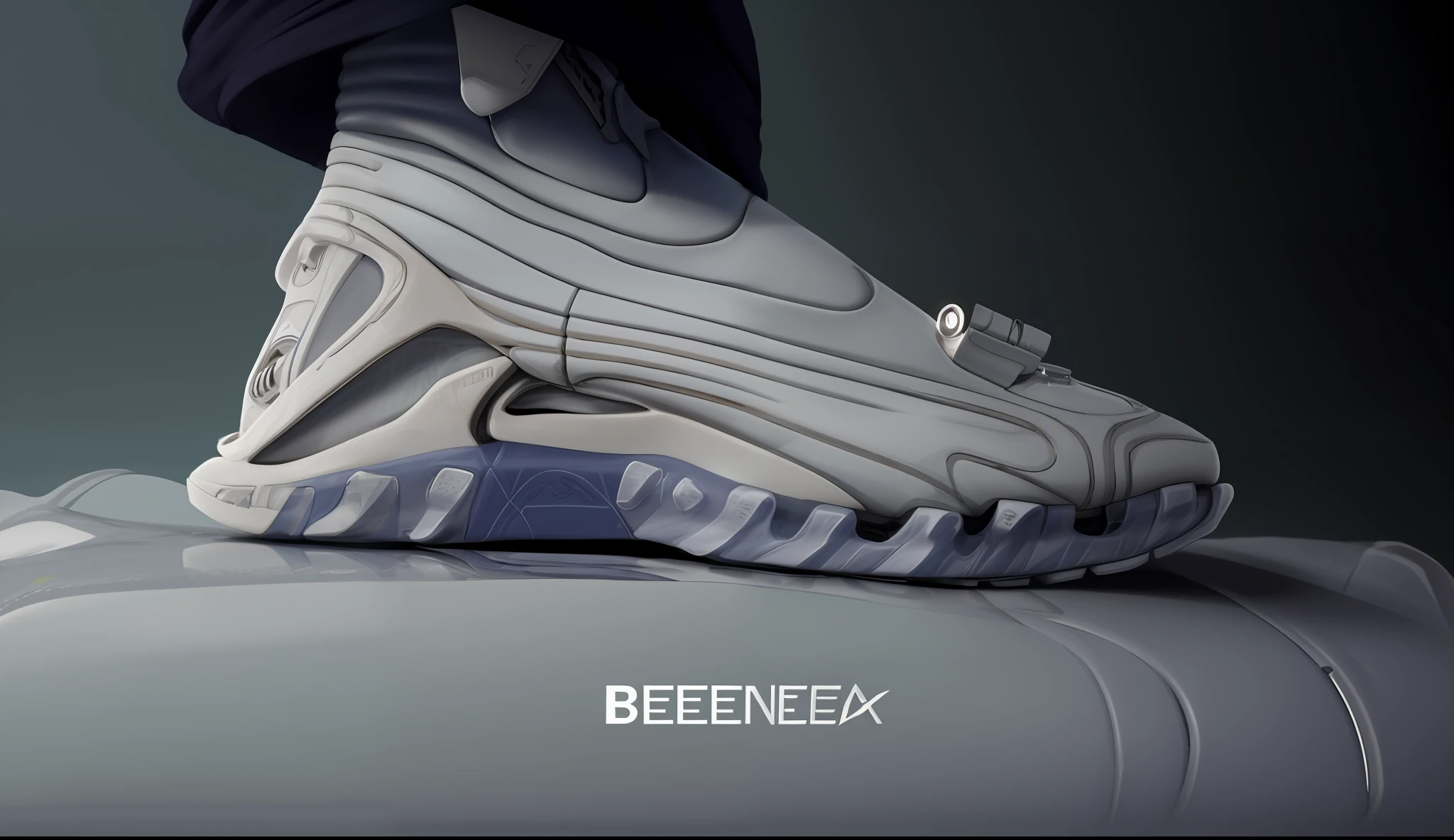 Close-up of a man's foot in a white shoe, futuristic sneakers, sneaker photo, White biomechanical parts, futuristic balenciaga sneakers, Detailed close-up shots, White biomechanical parts, inflatable future shoes, sneaker design, Detailed shot of the leg, futuristic hi-tech details, surreal!!!, Zaha Hadid Octane High Render, Triple white color scheme