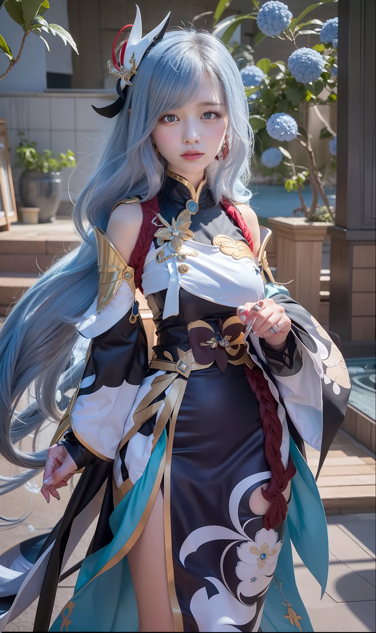 Highest image quality, hyper HD, Sensual high cold blue style, A face with unique symmetrical beauty, Genshin strikes the artistic details of the character Kusart Krenz, Refined and detailed Onmyoji style, Depicting the delicate Ayaka Genshin impact, A mysterious atmosphere of azure blue, Carefully portrayed hair and clothing details。