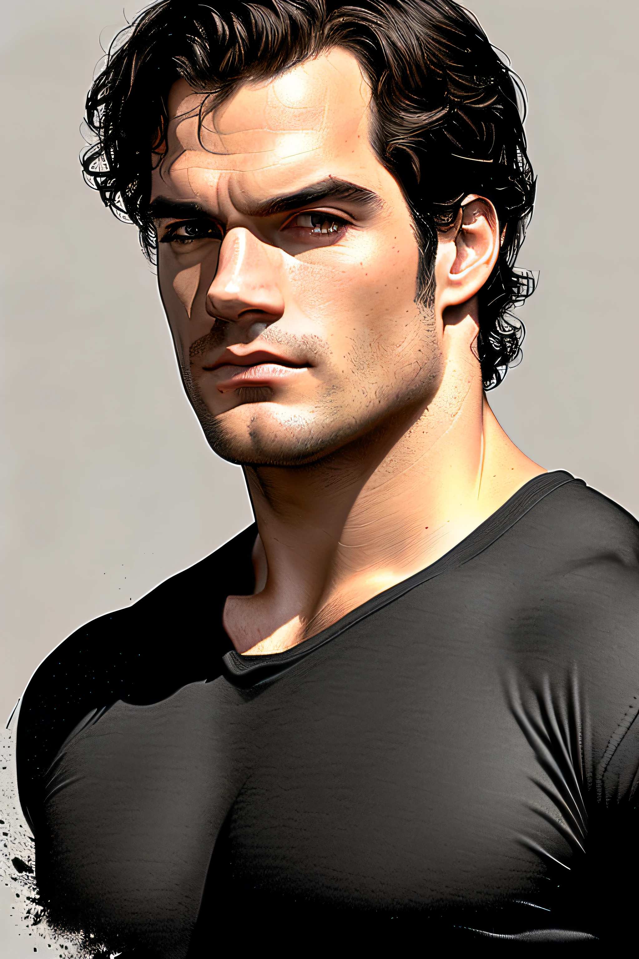 Portrait of a Henry Cavill by Greg Rutkowski, wearing black t-shirt, highly detailed portrait, digital painting, artstation, concept art, smooth, sharp foccus ilustration, Artstation HQ.