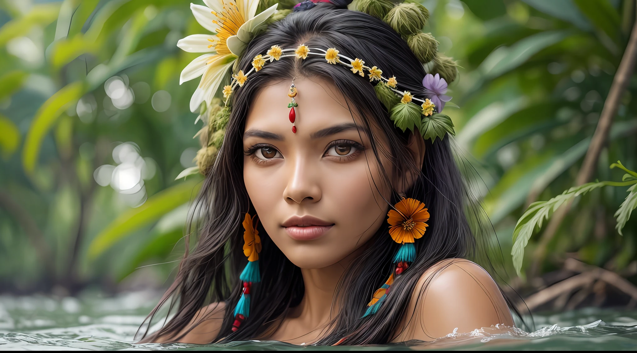 Beautiful Native Woman of the Amazon, 30 anos de idade, corpo curvo perfeito, bright big ebony eyes, boca volumosa, cabelo preto, coming out of the water, Rio Amazonas, corpo muito molhado, with headdress garnished with hop flower, com cores vibrantes e psicodelicas