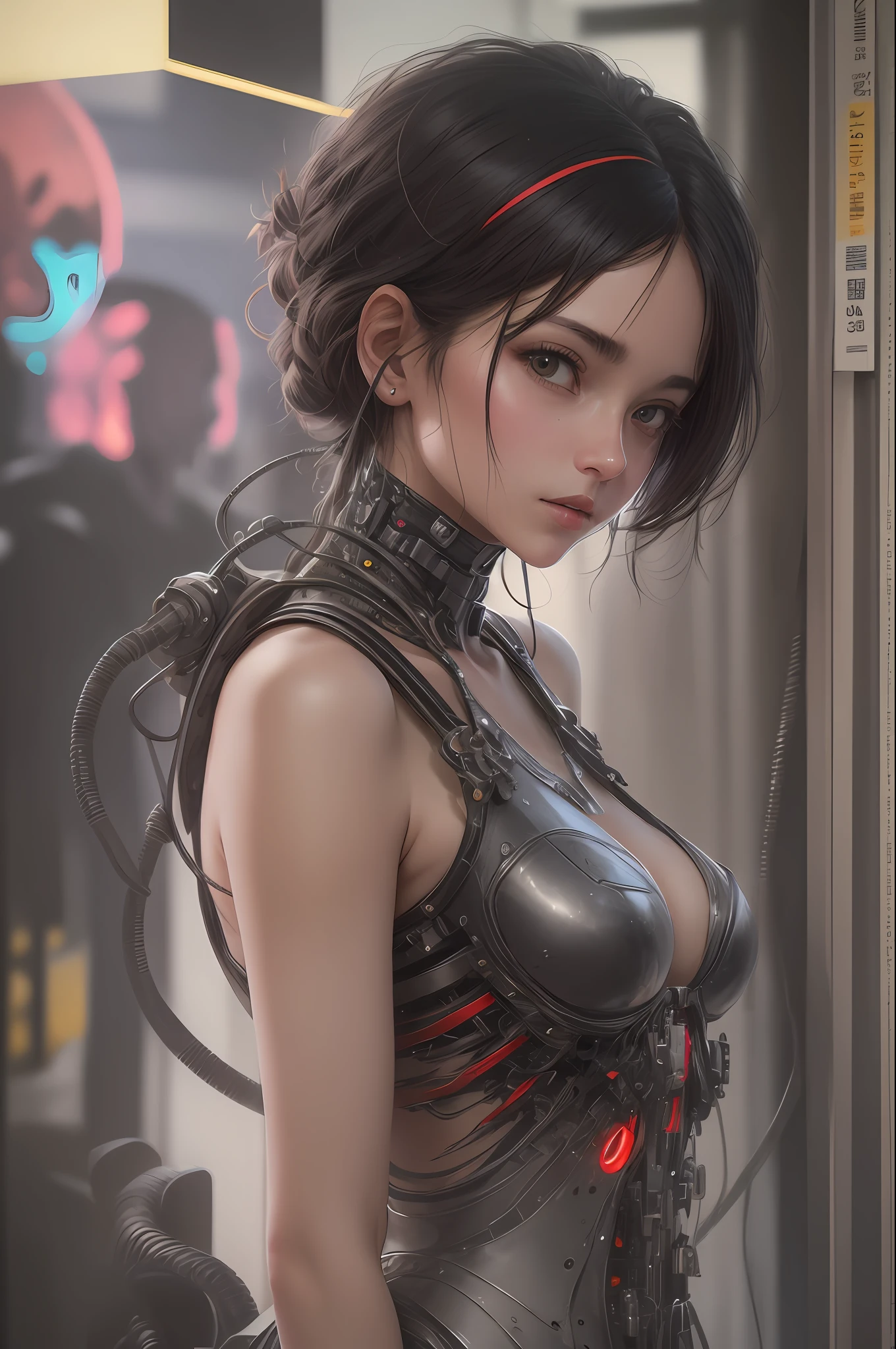 Top Quality, Masterpiece, Ultra High Resolution, (Photorealistic: 1.4), Raw Photo, 1 cyberpunk Girl, Black Hair, Glossy Skin, 1 Mechanical Girl, (Ultra Realistic Detail)), Full body, Global Illumination, Contrast, Shadows, Octane Rendering, 8K, Ultra Sharp, Cleavage Exposed, Raw Skin, Metal, Intricate Ornament Details, Japan Details, Very intricate details, realistic light, CGSoation trend, facing the camera, neon details, mechanical limbs, blood vessels connected to the tube, mechanical vertebrae attached to the back, mechanical cervical attachment to the neck, wires and cables connecting to the head, gundam, small LED lamps.