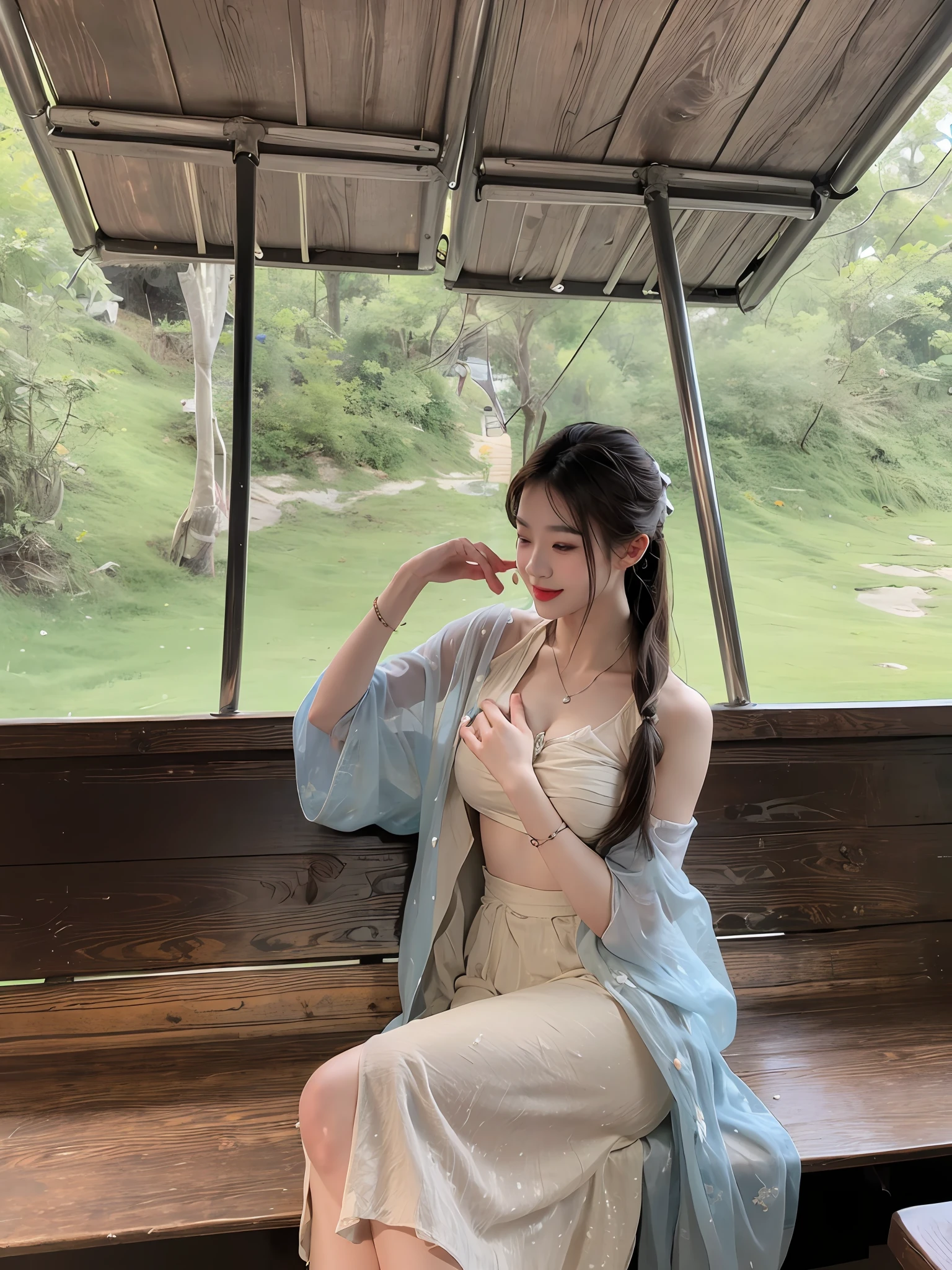 Best quality,Masterpiece,超高分辨率,(Photorealistic:1.4),(1girll:1.3),exteriors,beachside,the sea,On the beach,Facing the sea,Face the camera,ssmile,On a cruise ship,On the beach,beach umbrella,(full bodyesbian:1.5),1 girl,wavy and long hair,Girls all over,Open chest,vests, Dusk,Bright,The sky is blue,White clouds