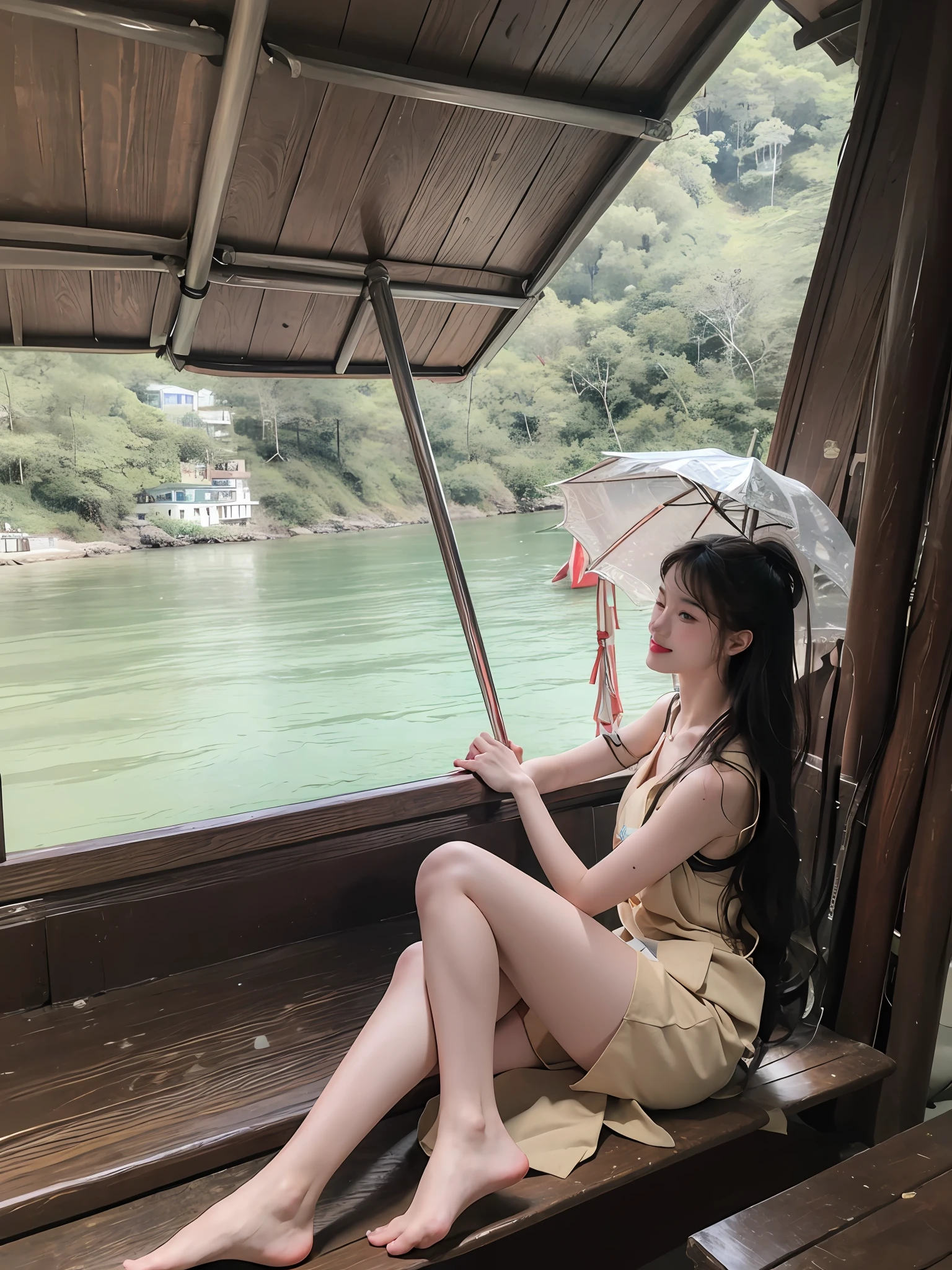 Best quality,Masterpiece,超高分辨率,(Photorealistic:1.4),(1girll:1.3),exteriors,beachside，the sea，On the beach，Facing the sea，Face the camera，ssmile，On a cruise ship，On the beach，beach umbrella，(full bodyesbian:1.5),1 girl,wavy and long hair,Girls all over,Open chest,vests, Dusk，Bright，The sky is blue，White clouds