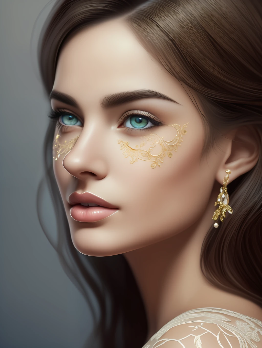 Bohemian beauty , bold lipstick, long flowing hair, waist chains , rich organza clothing with golden details, cell shaded, dynamic lighting, portrait,DDIM, WLOP, unreal engine, global illumination, detailed and intricate environment, intricate painting, HD, Razumov Konstantin, Vladimir Volegov, captivating, Extraordinary, Phenomenal, Remarkable, Aesthetic, Artistic, Enchanting, Sophisticated, Beautiful, Gorgeous, Exquisite, Breathtaking, ((masterpiece)), (((best quality))), ((ultra detail)), UHD, 8K, (((high definition))), ((illustration)), ((extremely realistic)), ( reflections), sharp focus, front lighting, intense shadows, ((beautiful extremely detailed eyes)), eyelashes, (extremely delicate and insanely beautiful girl), ((hazel eye color)), wavy hair, ((extremely detailed eyes)), medium chest, Radiant, luminous, lustrous skin, shiny skin, damp skin, sweaty skin, cinematic lighting mask, ray tracing, depth of field, dynamic angle, looking at viewer, (difficulty 1.4), ((macro, shooting, detail, face, eyes, nose, lips, eyebrows)), ((extremely detailed and realistic skin texture)), ((extremely detailed and realistic eye texture)), ((extremely detailed and realistic finger texture)), ((extremely detailed and realistic clothes)). Exercise precision to ensure the model's symmetry remains intact, devoid of any deformities, asymmetry, extra limbs, or double heads. Preserve the focus on showcasing her unparalleled radiance and grace. The image is centered, with a focus on approaching perfection through the use of the 60-30-10 color rule. The composition is highly detailed. The entire image is in frame. Emphasizing clear reflective eyes, white whites of eyes, the golden ratio is used to create balanced compositions, and the overall feeling is highly polished, sf, intricate artwork masterpiece