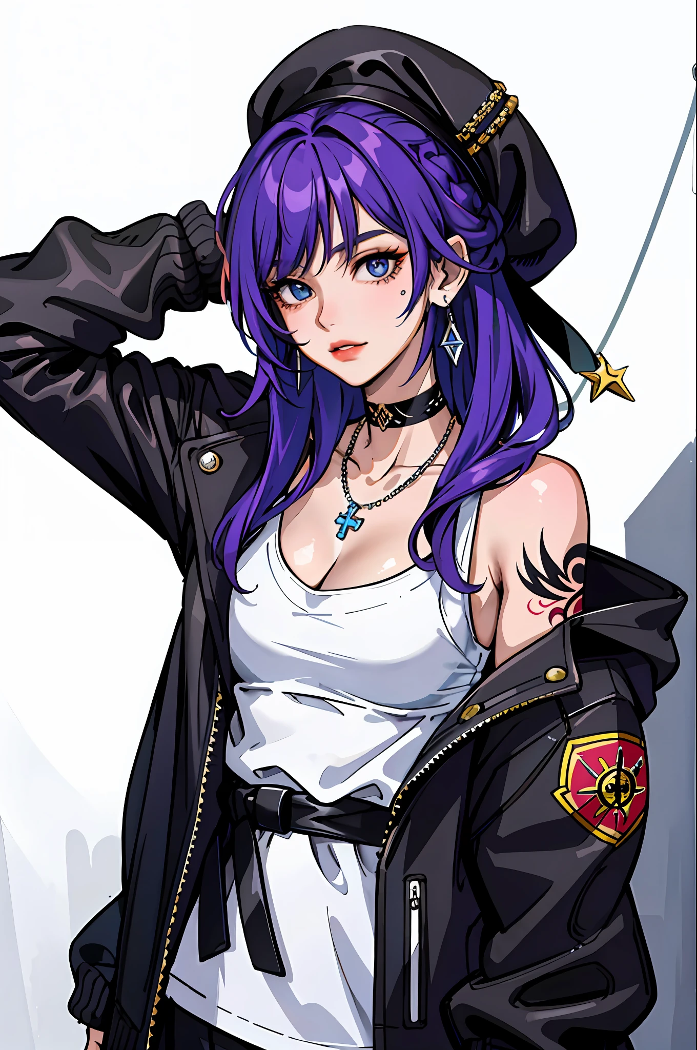 (masterpiece:1.2, best quality), (1lady, solo, upper body:1.2), colored hair, long hair, tattoos, jacket, earrings, choker, necklace, Hanging out in an underground music venue or street art exhibit