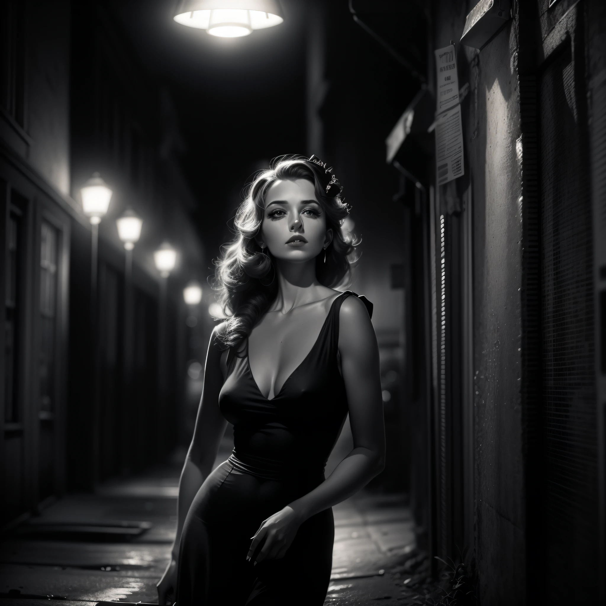 uma detetive sedutora no noir dos anos 1940" Uma imagem de uma detetive femme fatale vestida com um glamouroso e sensual estilo noir dos anos 1940. She's in a dimly lit alley, with a cigarette in hand, Exuding mystery and fascination. The scene captures the essence of classic film noir with its dramatic lighting and vintage aesthetic.