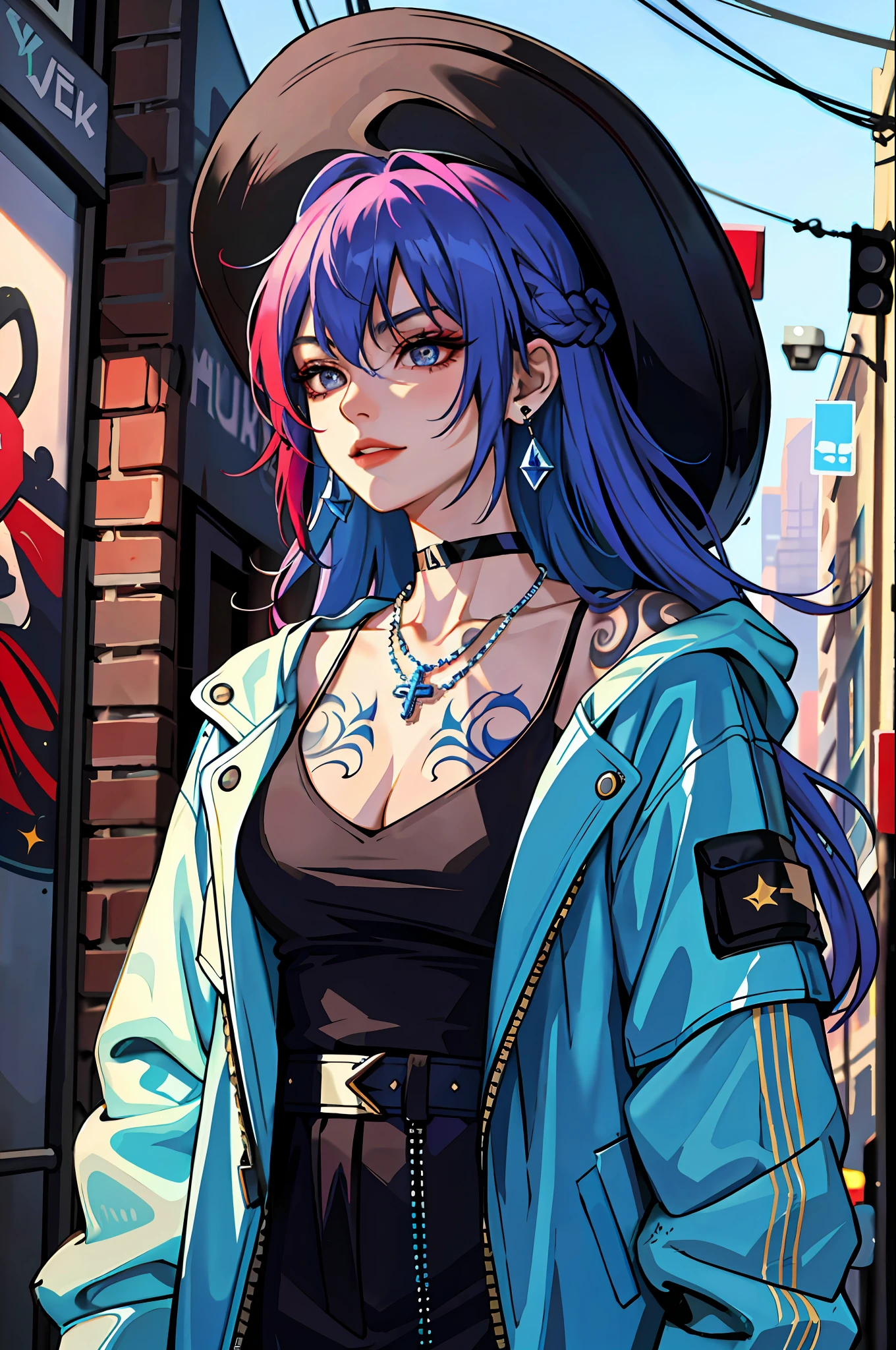 (masterpiece:1.2, best quality), (1lady, solo, upper body:1.2), colored hair, long hair, tattoos, jacket, earrings, choker, necklace, Hanging out in an underground music venue or street art exhibit