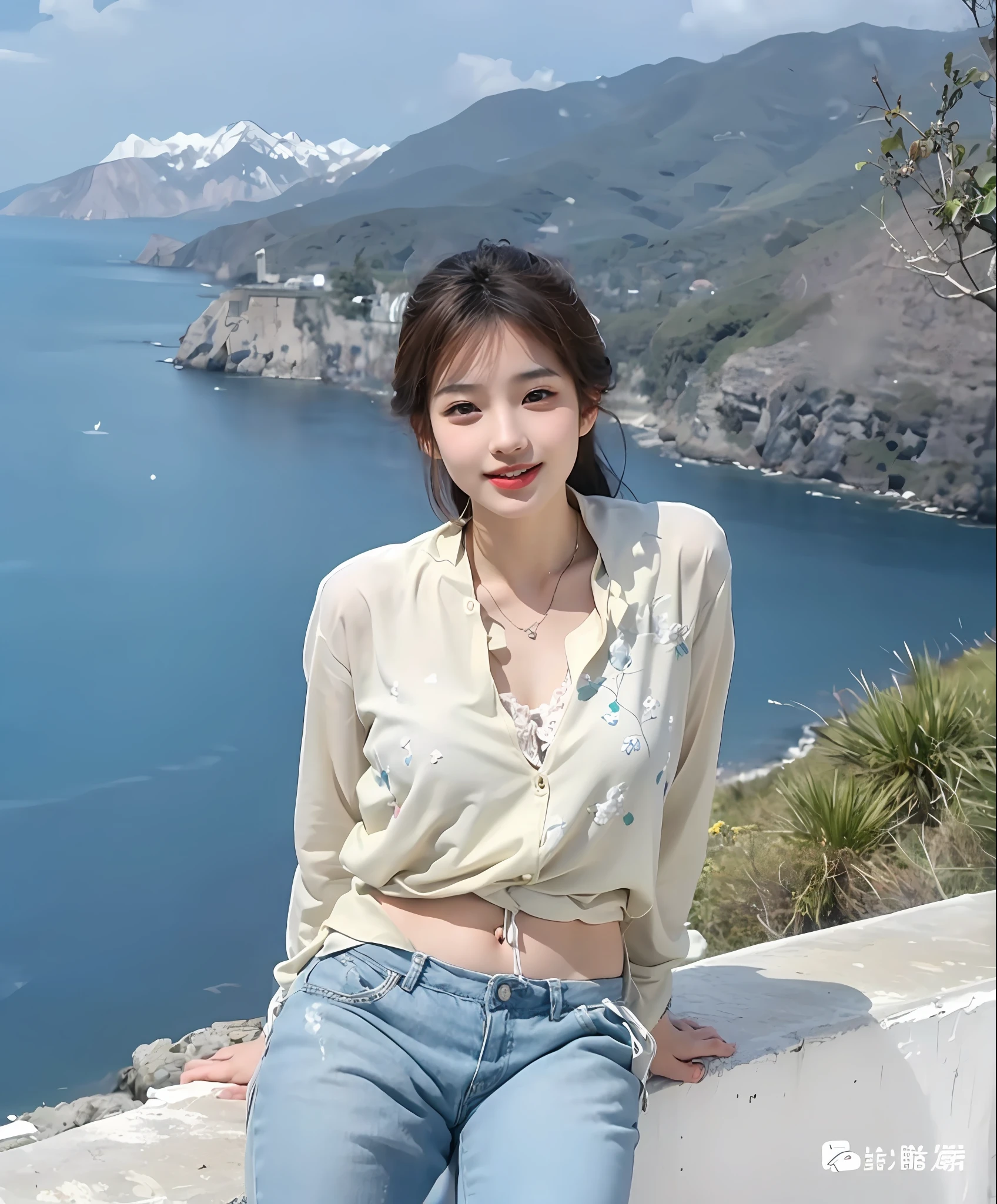 Best quality,Masterpiece,超高分辨率,(Photorealistic:1.4),(1girll:1.3),exteriors,beachside,the sea,On the beach,Facing the sea,Face the camera,ssmile,On a cruise ship,On the beach,beach umbrella,(full bodyesbian:1.5),1 girl,wavy and long hair,Girls all over,Open chest,vests, Dusk,Bright,The sky is blue,White clouds