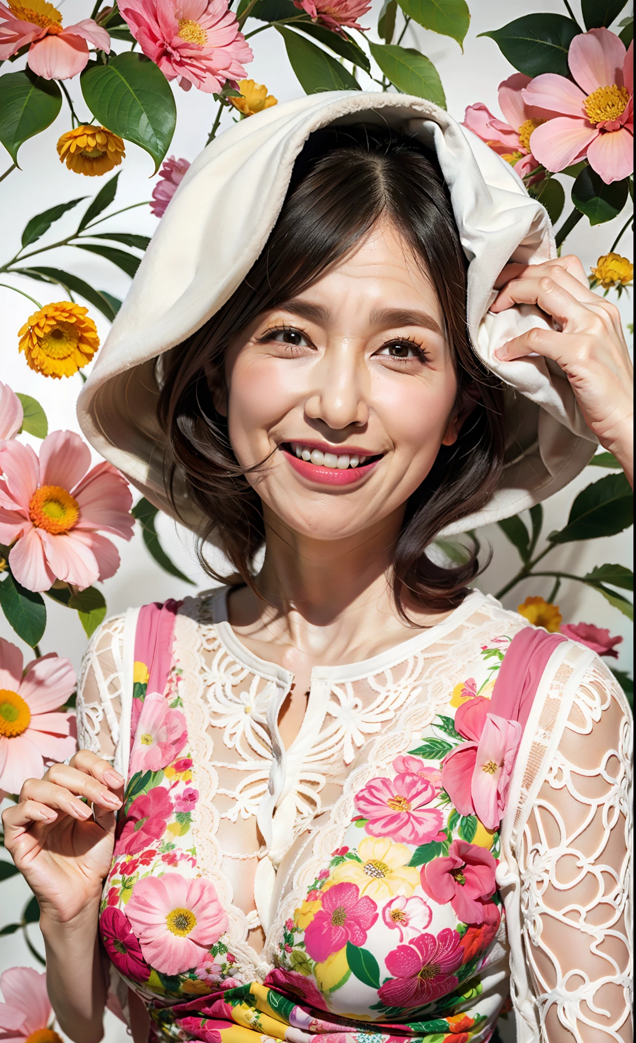 (flat-colors:0.9),(colourfull:1.1),(​masterpiece:1,2), top-quality, ​masterpiece, hight resolution, Original, (flat-colors:0.9),(colourfull:1.1),(​masterpiece:1,2), top-quality, ​masterpiece, hight resolution, Original, highly detailed wallpaper, Viewer's Perspective,Solo,portlate, ((A MILF))、53 years old、Mature Woman Body Set、Exposing breasts、showing teeth、Detailed tongue、Detailed mouth、Staring at this、Wrinkles at the corners of the eyes、Floral background、Illustration,