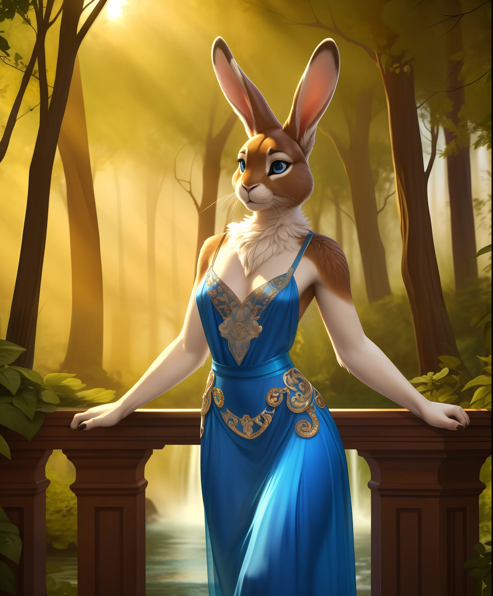 anthro, female, solo, mammal, lagomorph, leporid, (rabbit), anthrofied, soft face, kind face, alluring, bald, thin neck, ears down
whiskers, fur, tuft, (fluffy rabbit tail), detailed, (white fur), white body, blue eyes, bedroom eyes, multicolored body, multicolored fur, two tone body, two tone fur, (realistic fur, fur, realistic fur texture:1), ((detailed fluffy fur)), furry arms, furry hands
((masterpiece)), photorealistic, hyper realistic, ultra detailed, hi res, 3d (artwork), digital media (artwork), absurd res, uploaded on e621
[realistic proportions], [explicit content, adult, nsfw], [sharp focus], (cinematic lighting), (detailed lighting)
wide angle, full body, three-quarter perspective, beautiful woman, mixed race, (peacock inspired elegant detailed and modest Art Nouveau Evening Gown), posing, small breasts, small hips, intricate, high detail, 8k, dslr, hyper realism, outside, colorful scenic fantasy background, waterfall, forest, overlook, balcony, ambient light, golden hour, golden ratio, perfect lighting, (inspired by Alphonse Mucha), (masterpiece), (best quality), (detailed), (realistic), (8k)