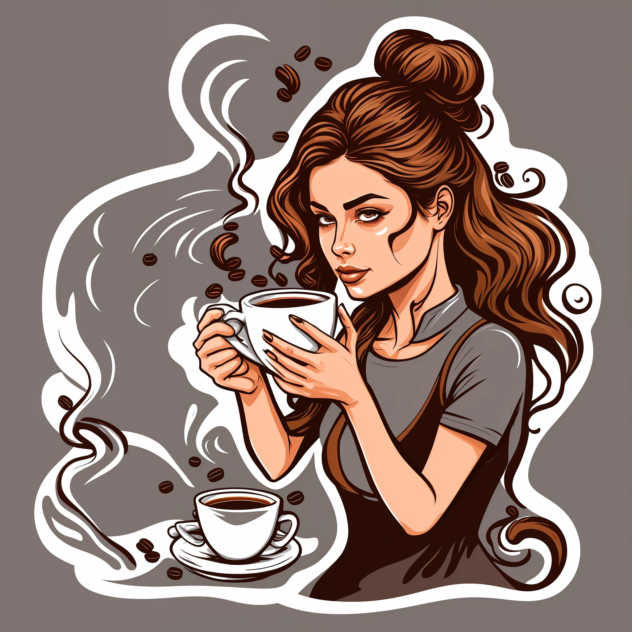 there is a woman that is holding a cup of coffee, woman drinking coffee, in style of digital illustration, cartoon style illustration, , portrait of morning coffee, highly detailed illustration.”