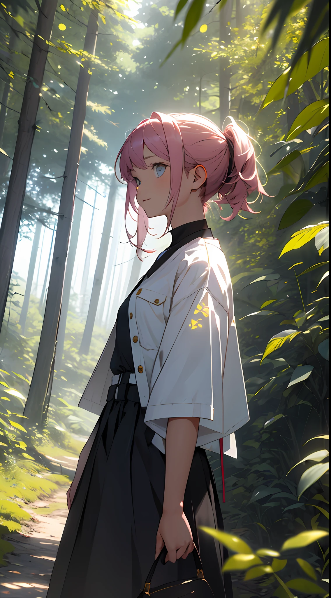 realisitic、Girl in the forest and sunshine, shorth hair, Nice hairstyle, Nice clothes