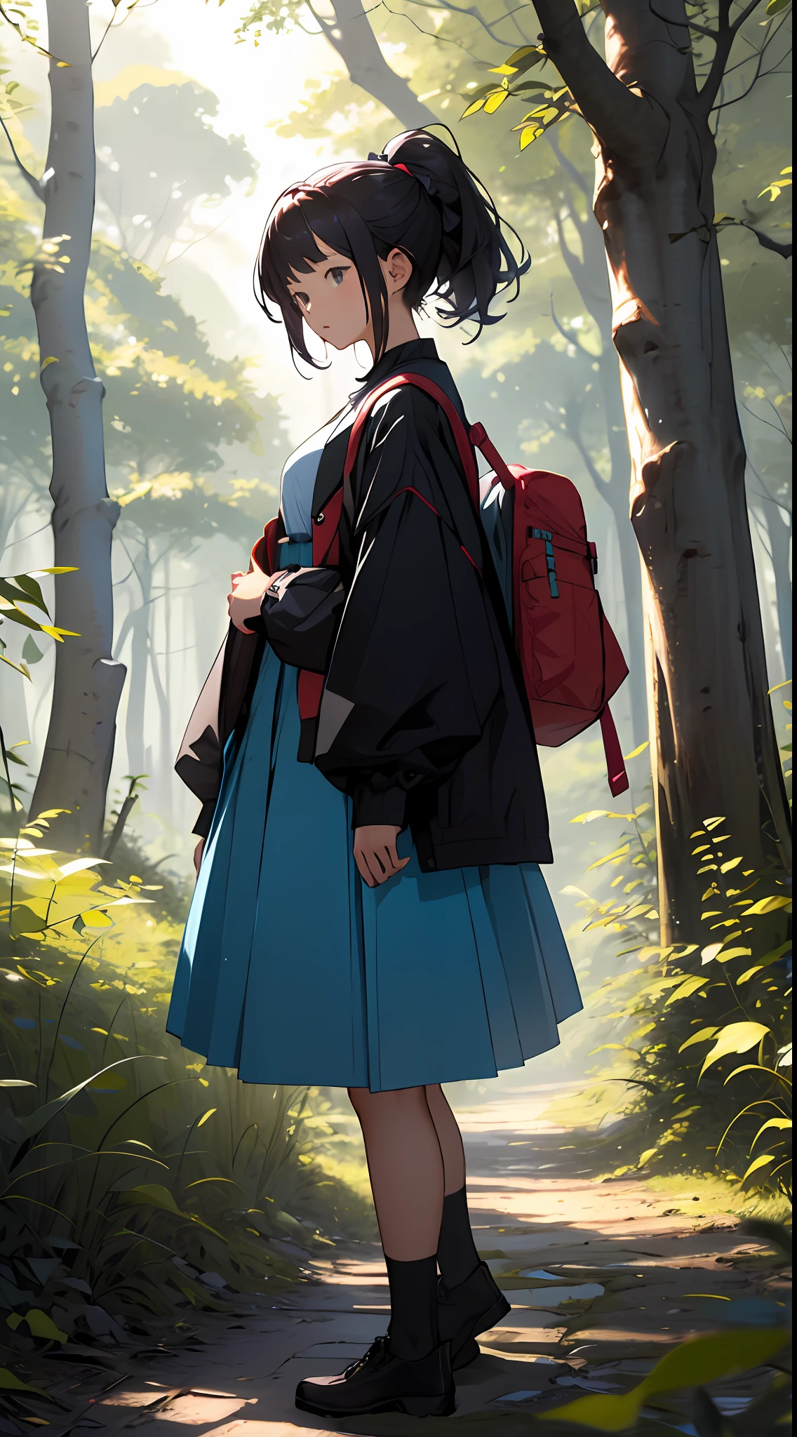 realisitic、Girl in the forest and sunshine, shorth hair, Nice hairstyle, Nice clothes