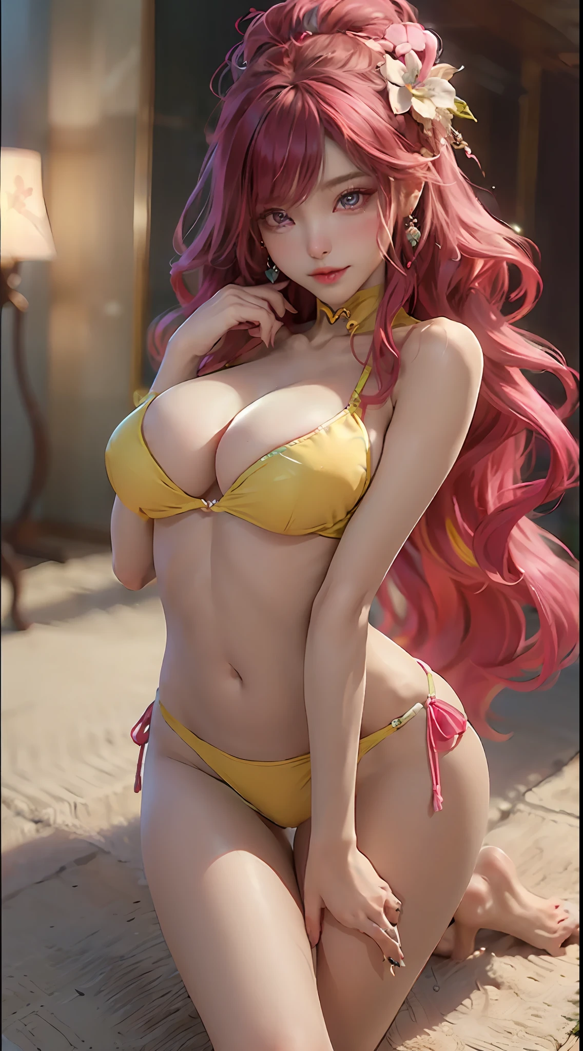 Best quality,Amazing,Masterpiece,Delicate,超高分辨率,Ultra detailed,intricately details,Beautiful detailed,8K resolution,(Extremely detailed Cg Unity 8K wallpaper),Sharp focus,((No text)), conscious,gigantic cleavats,Areolaovered,Bg breasts,Lively breasts,framsts,Miniature bwith high trans and transparency,Tongue stock,Makeup,Happy,Reflectors,ahegao,Pink eyes,Heart earrings,1girll,Solo,Female pervert,view the viewer,hair flower,Long hair,multicolored hair,Shiny hair,Barefoot,Bottomless,Thick thighs,Bare legs,
