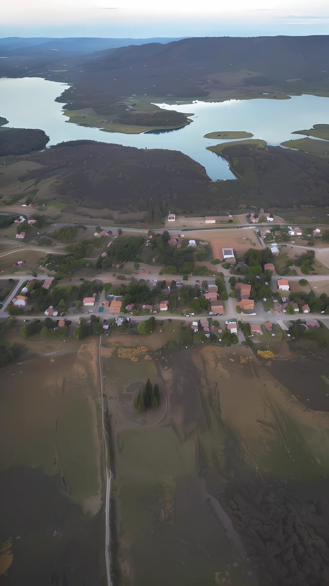 Aerial view of a small town with a lake and lots of land, pequena cidade ao redor, aerial view from above, Aerial view, tiro de arial, wide aerial shot, de uma pequena aldeia com um lago, Foto de cima, air perspective, perspective shot from the sky, aerial view top down, High aerial shot, aerial shot from the drone